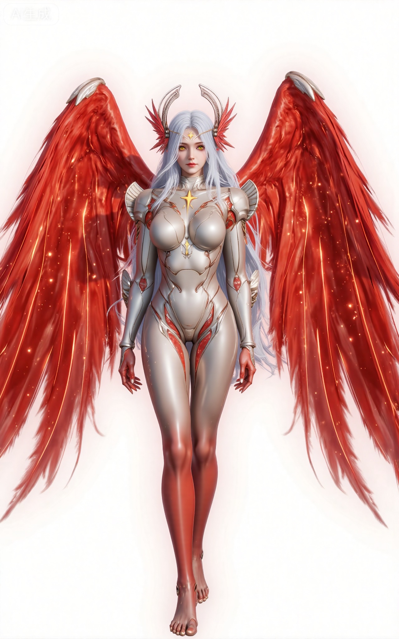 xinghuanwang, 1girl, wings, solo, long hair, white hair, yellow eyes, looking at viewer,  feathered wings, armor, breasts,red wings, bodysuit, glowing, lips, boobplate, angel, angel wings, medium breasts,legs,long legs,full body,barefoot,red feet,
 white_background,simple_background,pifu,guanghuapifu,liushen,lvjing,lvjing,