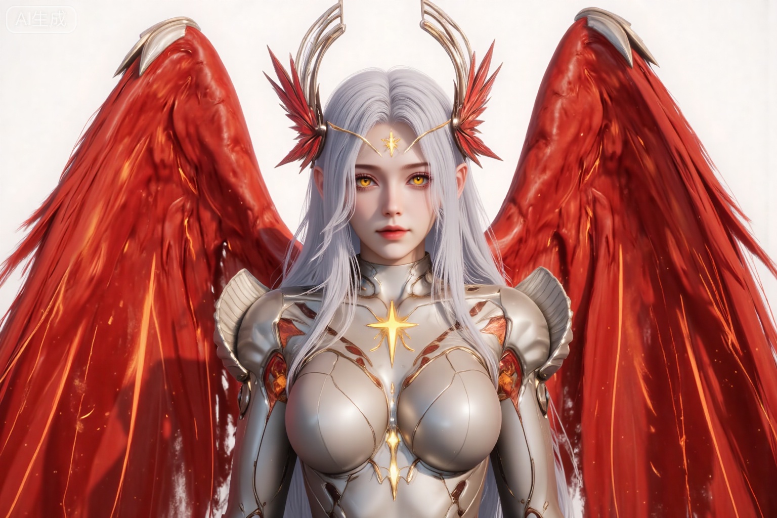 xinghuanwang, 1girl, wings, solo, long hair, white hair, yellow eyes, looking at viewer,  feathered wings, armor, breasts,red wings, bodysuit, glowing, lips, boobplate, angel, angel wings, medium breasts,upper body,
 white_background,simple_background,pifu,guanghuapifu,liushen,lvjing,lvjing,