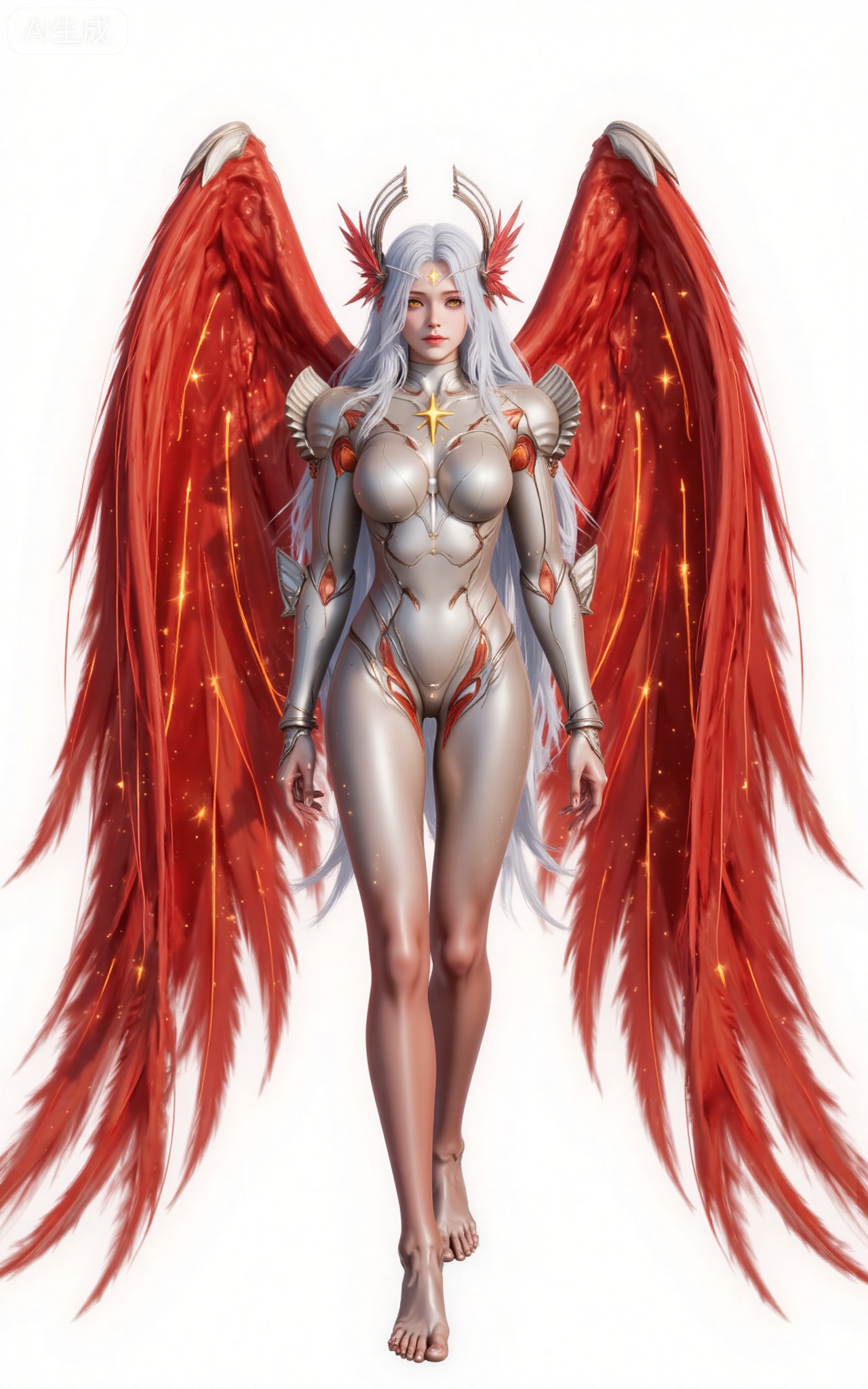 xinghuanwang, 1girl, wings, solo, long hair, white hair, yellow eyes, looking at viewer,  feathered wings, armor, breasts,red wings, bodysuit, glowing, lips, boobplate, angel, angel wings, medium breasts,legs,long legs,full body,barefoot,
 white_background,simple_background,pifu,guanghuapifu,liushen,lvjing,lvjing,
