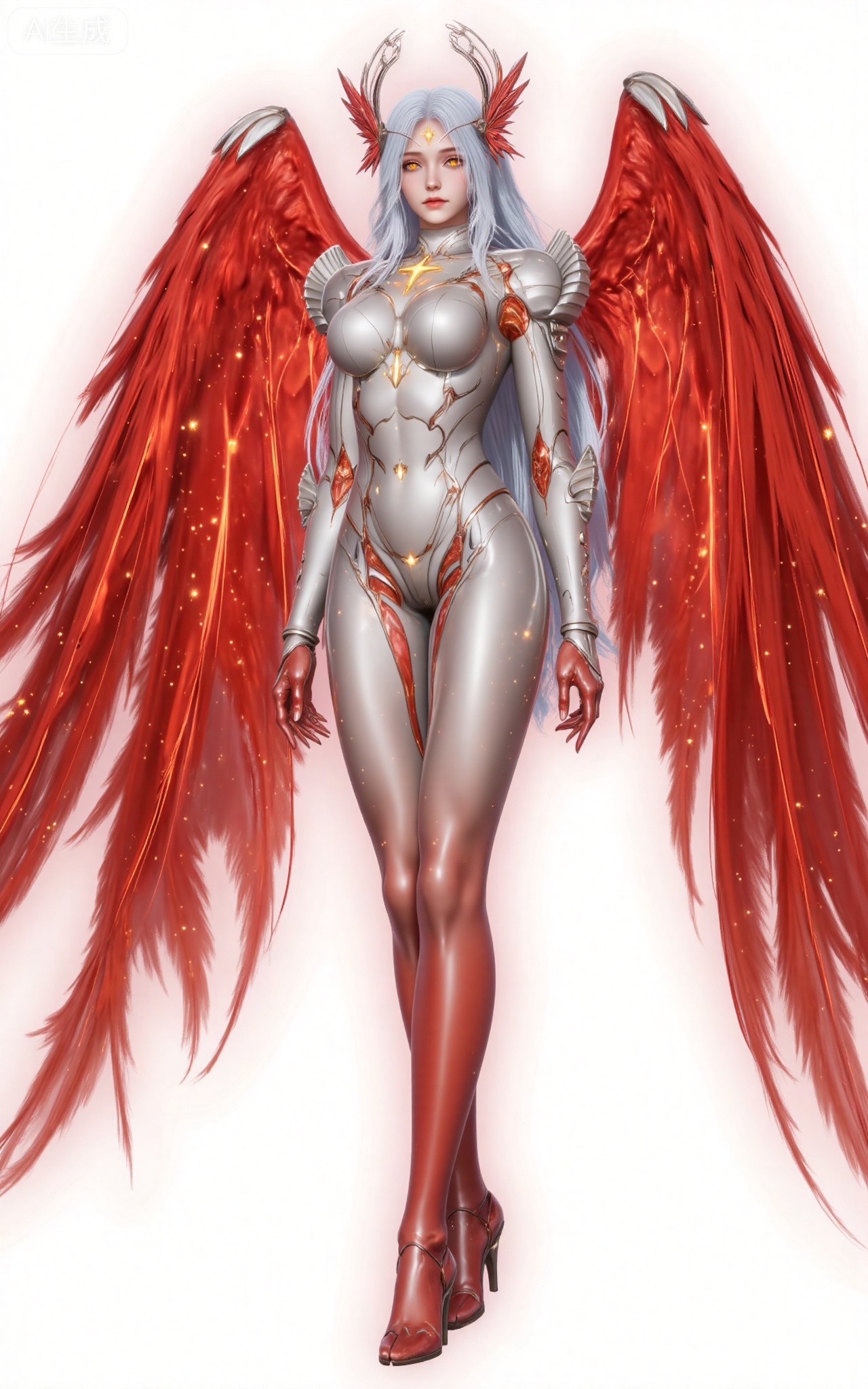 xinghuanwang, 1girl, wings, solo, long hair, white hair, yellow eyes, looking at viewer,  feathered wings, armor, breasts,red wings, bodysuit, glowing, lips, boobplate, angel, angel wings, medium breasts,legs,long legs,full body,
 white_background,simple_background,pifu,guanghuapifu,liushen,lvjing,lvjing,