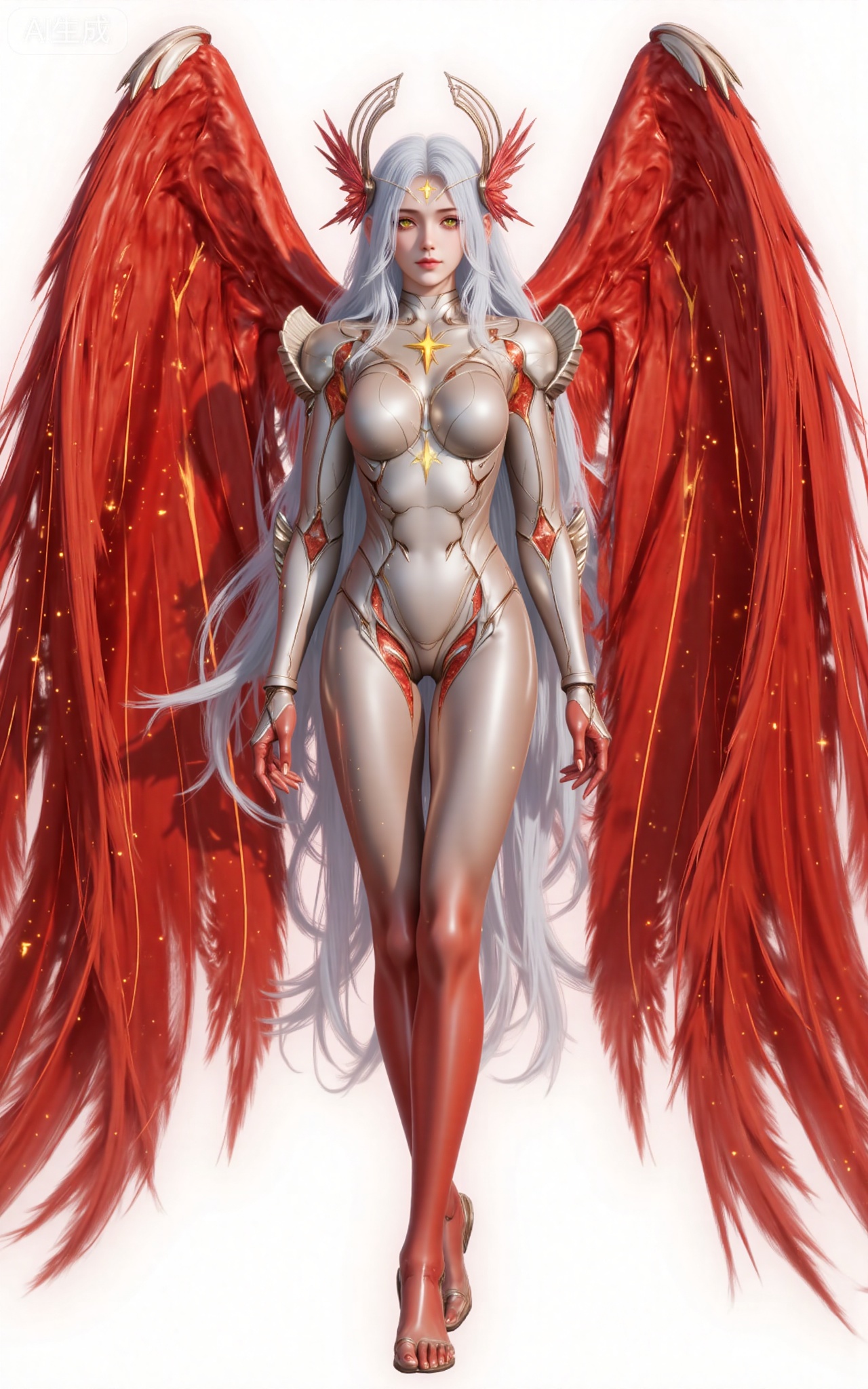 xinghuanwang, 1girl, wings, solo, long hair, white hair, yellow eyes, looking at viewer,  feathered wings, armor, breasts,red wings, bodysuit, glowing, lips, boobplate, angel, angel wings, medium breasts,legs,long legs,full body,barefoot,red feet,
 white_background,simple_background,pifu,guanghuapifu,liushen,lvjing,lvjing,