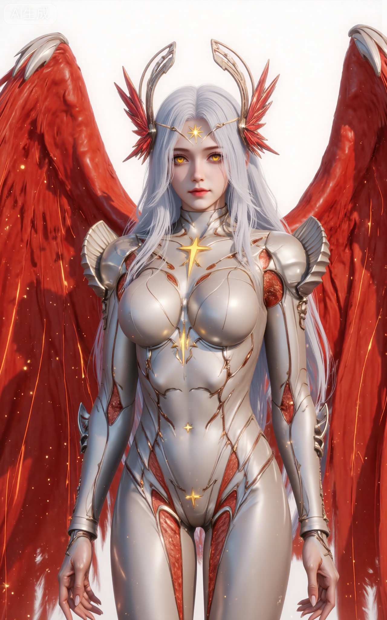 xinghuanwang, 1girl, wings, solo, long hair, white hair, yellow eyes, looking at viewer,  feathered wings, armor, breasts,red wings, bodysuit, glowing, lips, boobplate, angel, angel wings, medium breasts,upper body,
 white_background,simple_background,pifu,guanghuapifu,liushen,lvjing,lvjing,