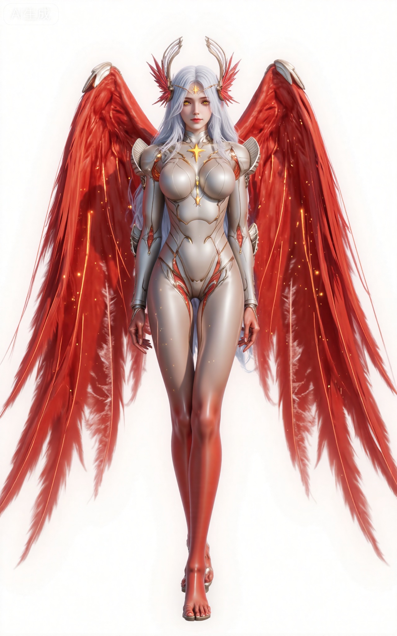 xinghuanwang, 1girl, wings, solo, long hair, white hair, yellow eyes, looking at viewer,  feathered wings, armor, breasts,red wings, bodysuit, glowing, lips, boobplate, angel, angel wings, medium breasts,legs,long legs,full body,barefoot,red feet,
 white_background,simple_background,pifu,guanghuapifu,liushen,lvjing,lvjing,