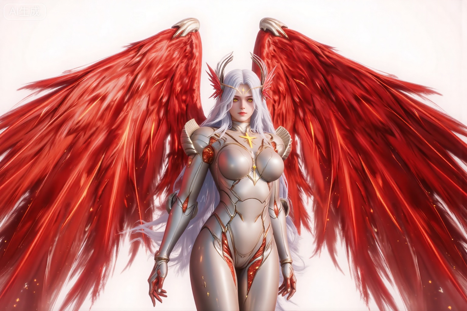 xinghuanwang, 1girl, wings, solo, long hair, white hair, yellow eyes, looking at viewer,  feathered wings, armor, breasts,red wings, bodysuit, glowing, lips, boobplate, angel, angel wings, medium breasts,upper body,
 white_background,simple_background,pifu,guanghuapifu,liushen,lvjing,lvjing,