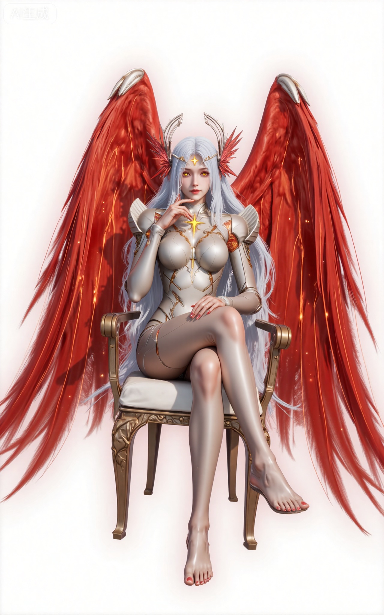xinghuanwang, 1girl, wings, solo, long hair, white hair, yellow eyes, looking at viewer,  feathered wings, armor, breasts,red wings, bodysuit, glowing, lips, boobplate, angel, angel wings, medium breasts,legs,long legs,full body,barefoot,red feet,sitting,chair,
 white_background,simple_background,pifu,guanghuapifu,liushen,lvjing,lvjing,