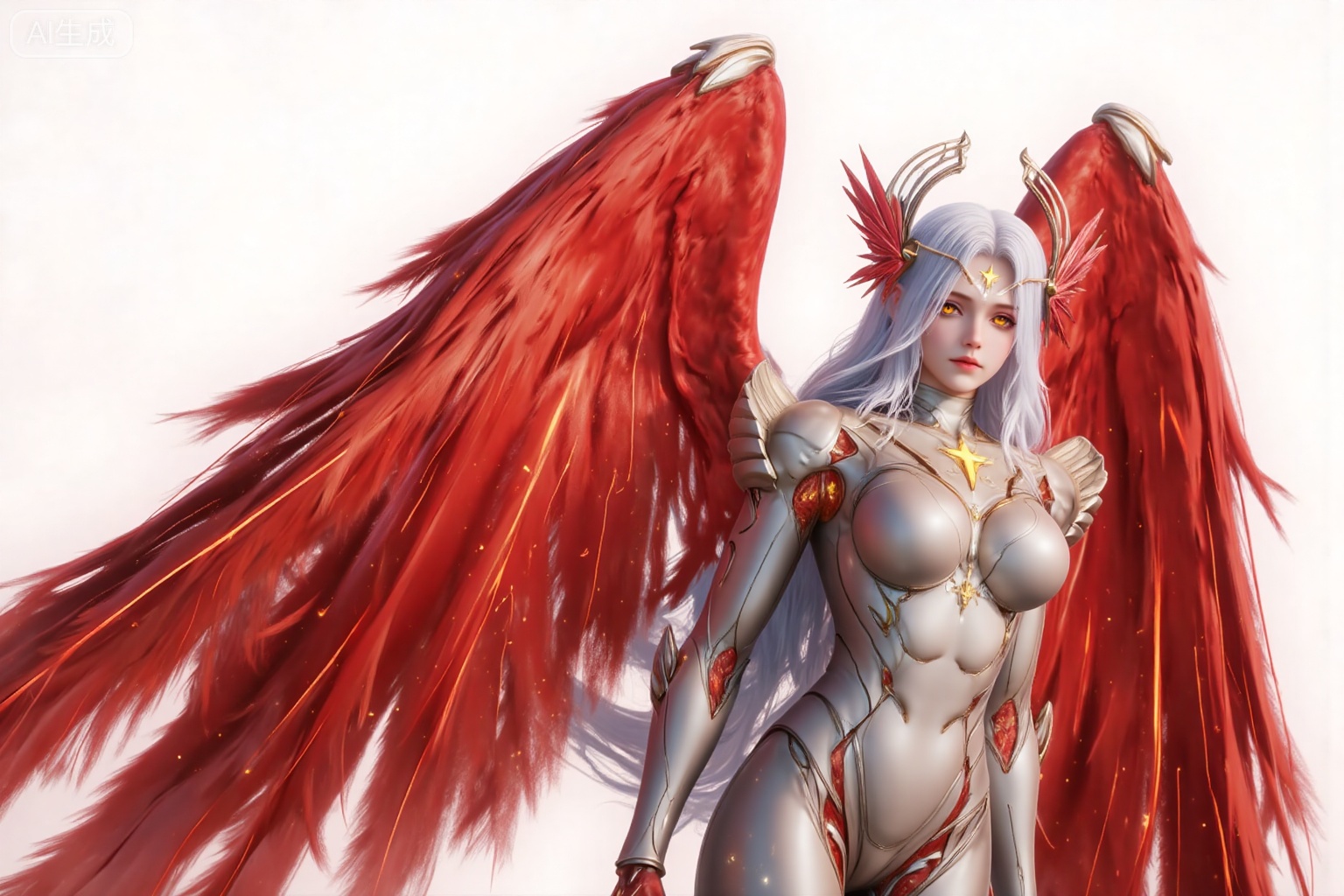 xinghuanwang, 1girl, wings, solo, long hair, white hair, yellow eyes, looking at viewer,  feathered wings, armor, breasts,red wings, bodysuit, glowing, lips, boobplate, angel, angel wings, medium breasts,upper body,
 white_background,simple_background,pifu,guanghuapifu,liushen,lvjing,lvjing,