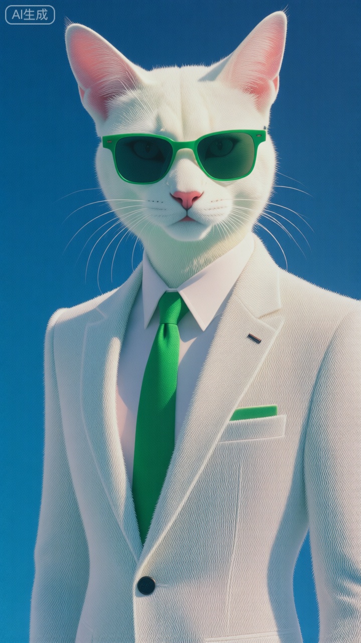 solo

looking at viewer

simple background

shirt

long sleeves

1boy

closed mouth

jacket

white shirt

upper body

male focus

necktie

collared shirt

glasses

no humans

blue background

animal

sunglasses

formal

cat

suit

furry

pocket

furry male

breast pocket

tinted eyewear

animal focus

white fur

green necktie

whiskers

