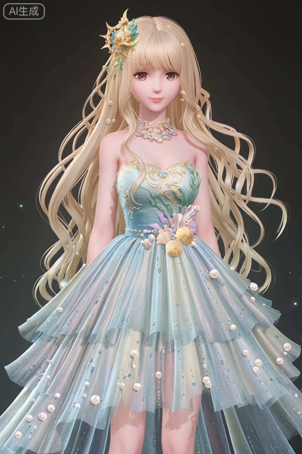 1girl, solo, long hair, breasts, looking at viewer, smile, bangs, blonde hair, hair ornament, dress, bare shoulders, brown eyes, jewelry, medium breasts, very long hair, closed mouth, standing, flower, hair flower, necklace, lips, see-through, strapless, wavy hair, arms behind back, black background, strapless dress