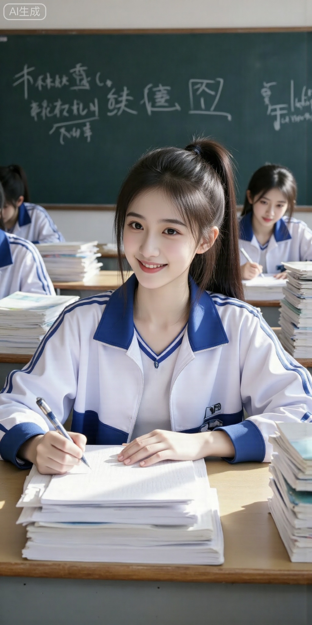 Photo style, textured lighting, natural light, full of texture, photography style, ultimate details, high-end feel. Soft light, fluid texture, hazy, low saturation, natural light, Polaroid light. In the picture, there is a cold, fair-skinned girl with delicate skin, a high ponytail, wearing a blue and white school uniform, sitting in the classroom. She held a pen in her right hand and was writing carefully in her notebook, with a faint smile on her face, looking very focused and happy. The desk was piled high with all kinds of books, showing her enthusiasm and diligence for learning. The background is a blackboard with white chalk writing on it, creating a strong campus atmosphere. There were still other students studying in the classroom. Sunlight streamed in through the window and fell on the desks, adding a touch of warmth and tranquility to the entire scene