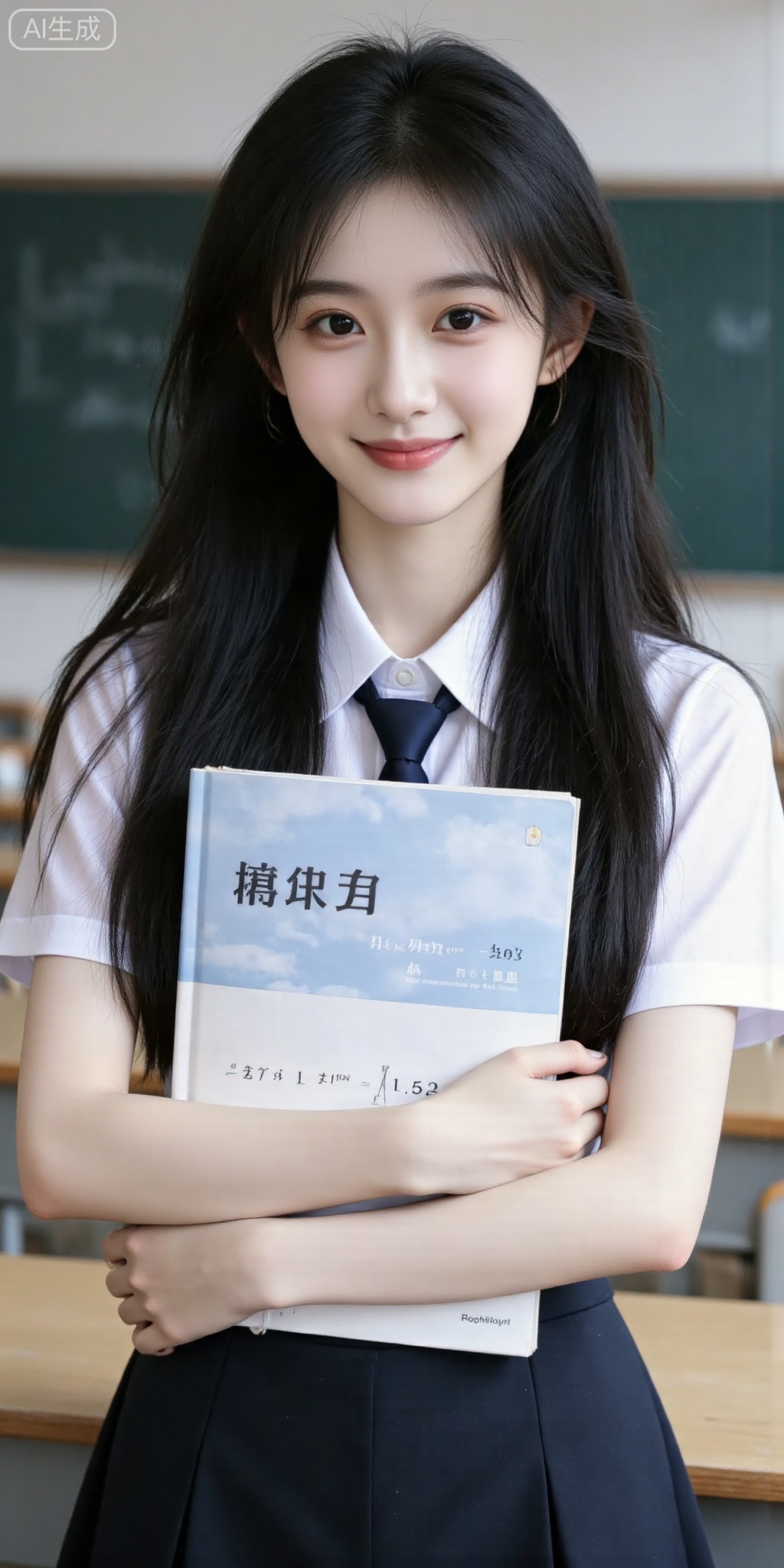 Photo style,textured lighting,natural light,full of texture,photography style,ultimate details,high-end feel. Soft light,fluid texture,hazy,low saturation,natural light,Polaroid light. In the picture,there is a cold-skinned,fair-skinned girl with long black hair and delicate skin,wearing a school uniform,holding a "mathematics" book in her arms,standing at a desk in the classroom. Close-up,background blurred. A smile exudes a vibrant and youthful vibe. "Green and inexperienced",