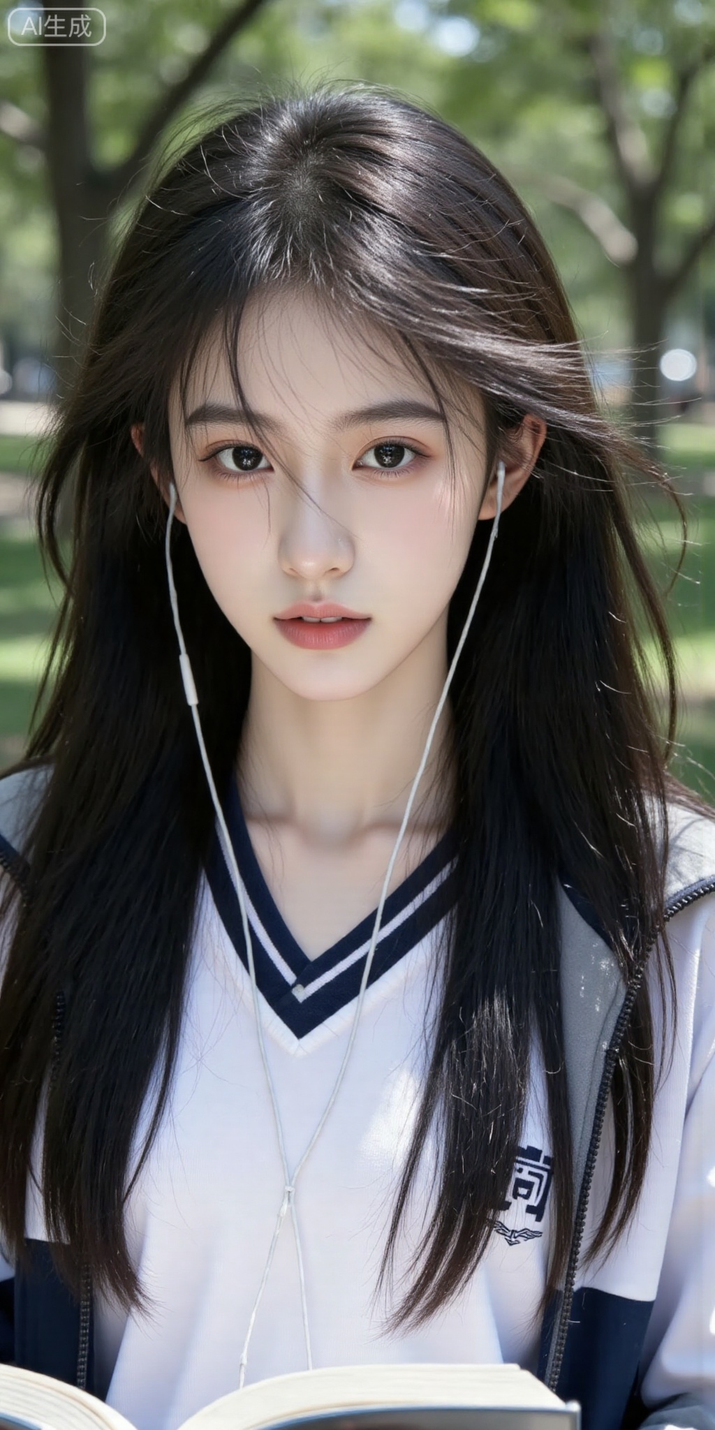 Photo style, textured lighting, natural light, full of texture, photography style, ultimate details, high-end feel. In the picture is a seductive girl with cold and fair skin and a melancholy and desolate expression. Her skin is delicate, and her eyebrows and eyes are slightly raised as she looks at the camera, exuding a lazy and hazy air. Dressed in a high school uniform jacket and wearing wired headphones. Soft light, fluid texture, hazy, low saturation, reading, green shade, natural light, long black hair slightly disheveled in the wind, deep eyes staring at the camera, medium to long distance, a few strands of hair blocking the view, hazy and indistinct. The picture uses the effects of shake, Gaussian blur and motion blur to create an illusory atmosphere, Polaroid lighting