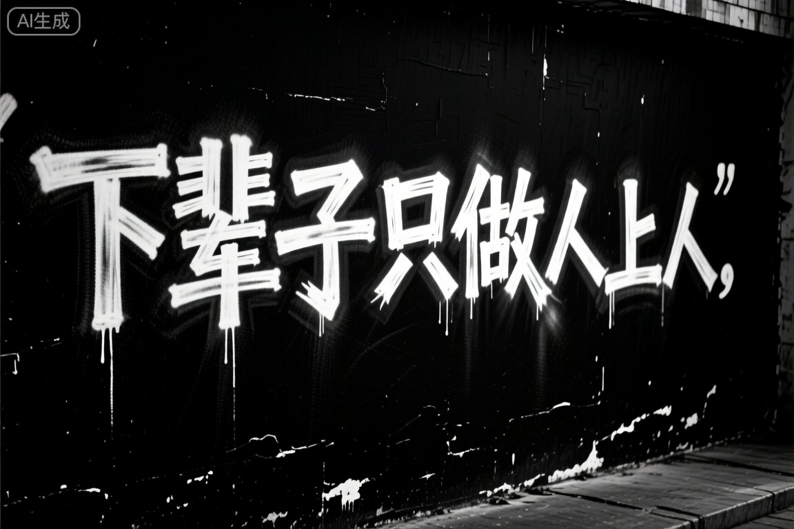 A black background with white graffiti text reading "下辈子只做人上人". The graffiti is spray-painted in bold, angular letters, creating a stark contrast against the dark backdrop. The composition focuses on the text, with the words slightly tilted to one side, giving a dynamic feel. The lighting highlights the text, casting shadows around the edges, adding depth and intrigue. The scene feels raw and urban, with the words seemingly emerging from the darkness.