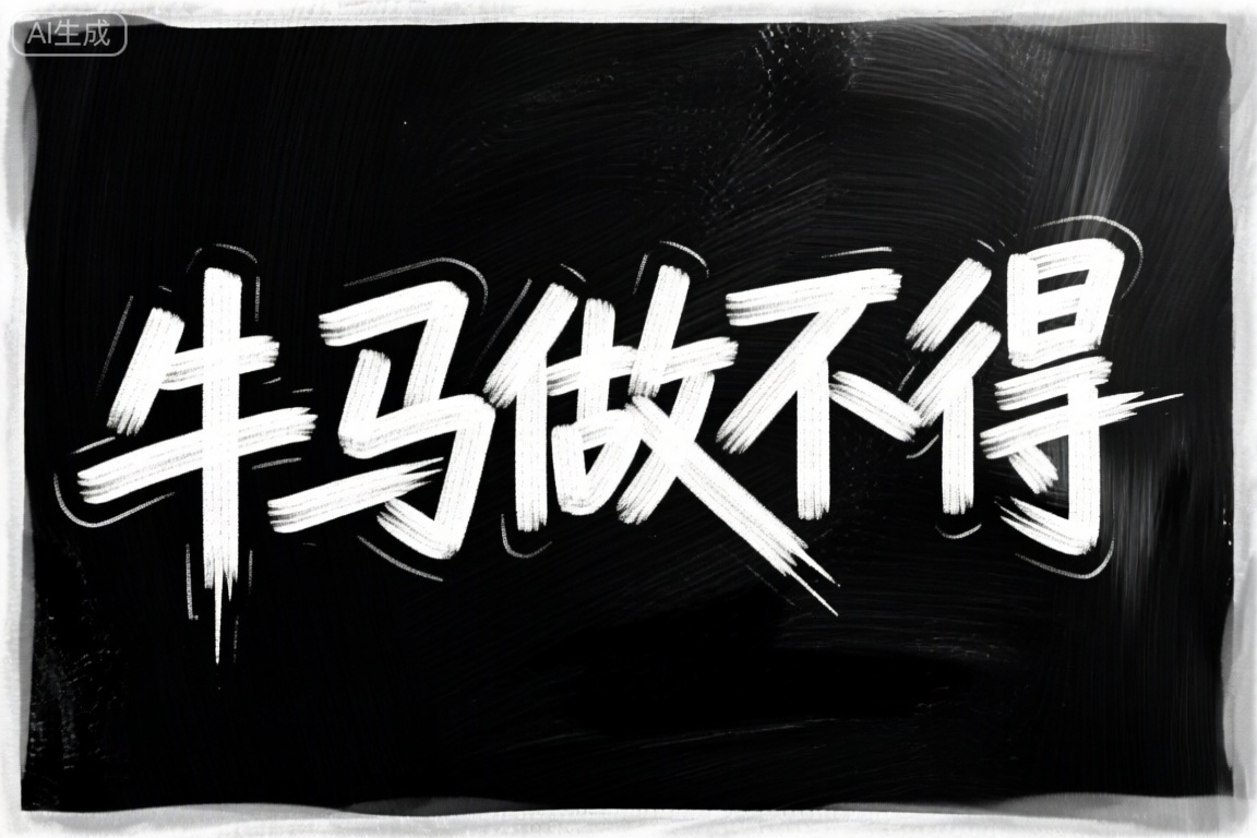 A black background with white graffiti text reading "牛马做不得". The graffiti is spray-painted in bold, angular letters, creating a stark contrast against the dark backdrop. The composition focuses on the text, with the words slightly tilted to one side, giving a dynamic feel. The lighting highlights the text, casting shadows around the edges, adding depth and intrigue. The scene feels raw and urban, with the words seemingly emerging from the darkness.