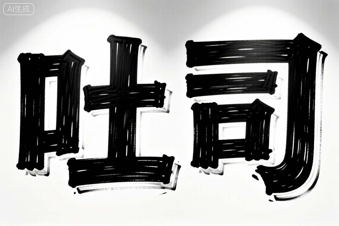 A close-up shot of a large, bold "吐司" written in black ink on a white background. The text is centered with strong, sharp lines. Lighting is bright, highlighting the contrast between the black letters and the white space. The composition focuses solely on the text, creating a clean, impactful design.,涂鸦字