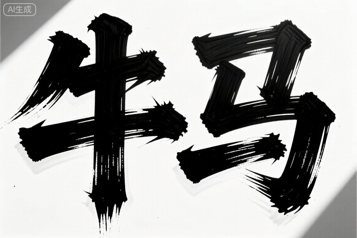 A close-up shot of a large, bold "牛马" written in black ink on a white background. The text is centered with strong, sharp lines. Lighting is bright, highlighting the contrast between the black letters and the white space. The composition focuses solely on the text, creating a clean, impactful design.,涂鸦字