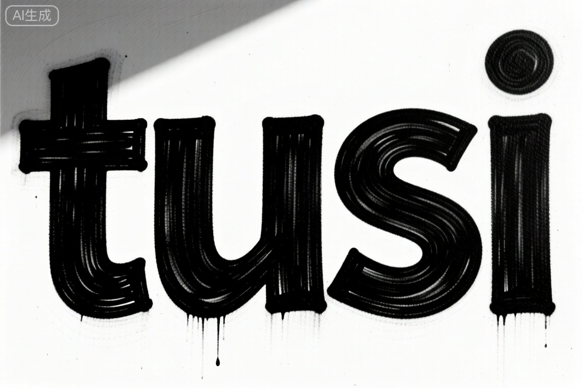 A close-up shot of a large, bold "tusi" written in black ink on a white background. The text is centered with strong, sharp lines. Lighting is bright, highlighting the contrast between the black letters and the white space. The composition focuses solely on the text, creating a clean, impactful design.,涂鸦字