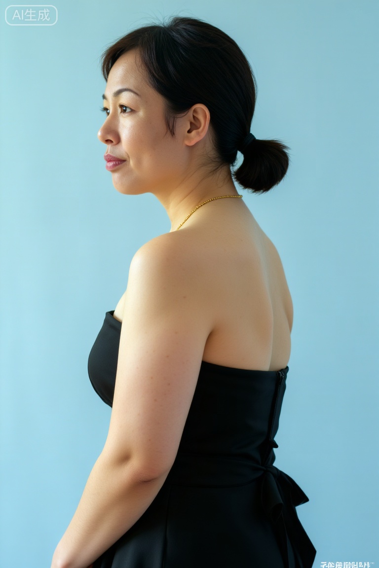 A woman with her hair tied up, wearing a black strapless outfit, background is pure light blue, overall creating an atmosphere of "simple sophistication, cool elegance", highlighting "the simplicity of the outfit, the elegance of the posture", conveying a sense of "showcasing a cool temperament, demonstrating unique charm".