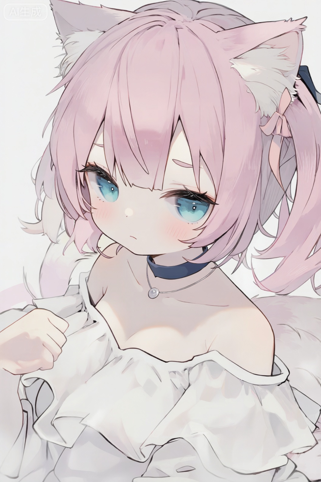 这幅画展现了,一位有着蓬松粉色短发的猫耳少女,正进行肩部以上的特写,她的表情委屈又害羞,大而明亮的青蓝色眼瞳低垂着,目光闪躲,长长的睫毛下是泛着明显红晕的脸颊,与发色相同的巨大粉色猫耳无力地耷拉着,更添几分惹人怜爱的气息,她穿着一件白色的荷叶边露肩上衣,脖子上戴着深蓝色的颈圈和一条带有小巧圆形吊坠的银色细项链,画面背景非常简洁,是纯净的浅色,整体画风细腻柔和,营造了纯粹,甜美又楚楚可怜的氛围,
