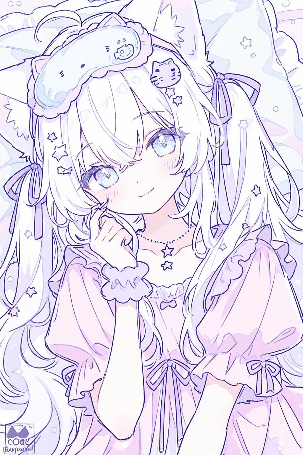 1girl, ahoge, animal ear fluff, animal ears, artist logo, babydoll, blue eyes, cat ears, cat girl, cat hair ornament, closed mouth, collarbone, crescent, crescent hair ornament, crescent necklace, crossed bangs, dress, dutch angle, frilled babydoll, frilled sleeves, frills, hair ornament, hair ribbon, hairclip, head tilt, jewelry, light blush, logo, long hair, looking at viewer, necklace, nightgown, pajamas, pastel colors, pillow, pink babydoll, pink dress, pink nightgown, puffy short sleeves, puffy sleeves, purple ribbon, purple scrunchie, ribbon, scrunchie, short sleeves, sleep mask, smile, solo, sparkle, sparkling aura, star \(symbol\), star hair ornament, threads username, twintails, twirling hair, upper body, virtual youtuber, watermark, white hair, wrist scrunchie
