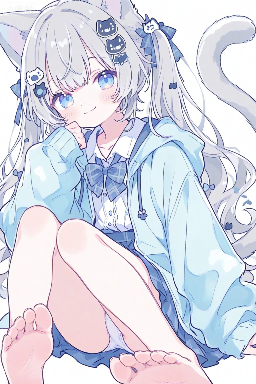 1girl, solo, looking at viewer, blush, smile, blue eyes, simple background, shirt, skirt, long sleeves, hair ornament, white background, bow, animal ears, closed mouth, sitting, twintails, underwear, jacket, tail, white shirt, panties, grey hair, open clothes, collared shirt, barefoot, virtual youtuber, bowtie, hood, cat ears, feet, white panties, sleeves past wrists, cat tail, plaid, toes, soles, blue jacket, cat girl, pantyshot, foot focus, foot out of frame, plaid bow, cat hair ornament,