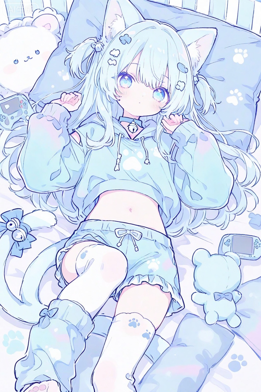 1girl, animal ear fluff, animal ears, bell, blue eyes, blue hair, blue hoodie, blue shorts, blue tail, bow, cat ears, cat girl, cat tail, controller, frilled shorts, frills, game controller, hair ornament, handheld game console, hood, hoodie, leg warmers, long hair, looking at viewer, lying, on stomach, paw print, pillow, shorts, soles, solo, stuffed animal, stuffed toy, tail, tail bell, tail ornament, teddy bear, thighhighs, two side up