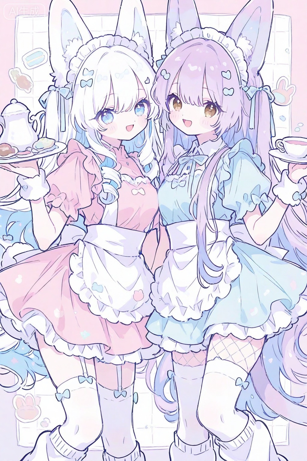 2girls, animal ear fluff, animal ears, apron, blue dress, blue eyes, blue hair, blush, bow, breasts, brown eyes, cat ears, cat girl, cat tail, colored inner hair, cup, dress, drill hair, fishnet pantyhose, fishnets, food, frills, garter straps, hair bow, hair ornament, hairclip, headdress, holding, holding plate, long hair, looking at viewer, loose socks, maid, maid headdress, multicolored hair, multiple girls, open mouth, pantyhose, pink dress, plate, purple hair, rabbit ears, short sleeves, smile, socks, spoon, tail, teacup, teapot, thighhighs, very long hair, white apron, white hair, white pantyhose, white thighhighs