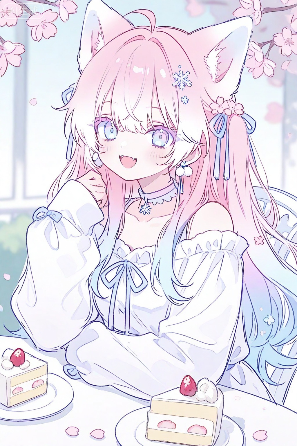 1girl, cake,, strawberry, food, animal ears, blue eyes, pink hair, multicolored hair, pink eyes, white hair, jewelry, hair ornament, gradient hair, choker, long hair, animal ear fluff, strawberry shortcake, ribbon, heterochromia, fangs, earrings, solo, off shoulder, ahoge, pom pom \(clothes\), flower, blue choker, fruit, colored tips, cherry blossoms, flower earrings, ribbon choker, frills, off-shoulder shirt, looking at viewer, blurry, extra ears, bare shoulders, smile, open mouth, wolf ears, dress, long sleeves, hair flower, blush, shirt, blurry background, pom pom earrings, sleeves past wrists, collarbone, pink choker, white shirt, sitting, pink flower, blue ribbon, chair, depth of field, table, off-shoulder dress, white dress, plate, cake slice, snowflake hair ornament, wolf girl, bow choker, :d, tassel, pink ribbon,(pink eyelashes:1.2), ,high contrast, vibrant colors, light and shadow effects,depth of field,, ,masterpiece, best quality, amazing quality, very aesthetic, high resolution, ultra-detailed, absurdres, newest, scenery,,transparent,,,multicolored hair,streaked hair,colorful,gradient hair,