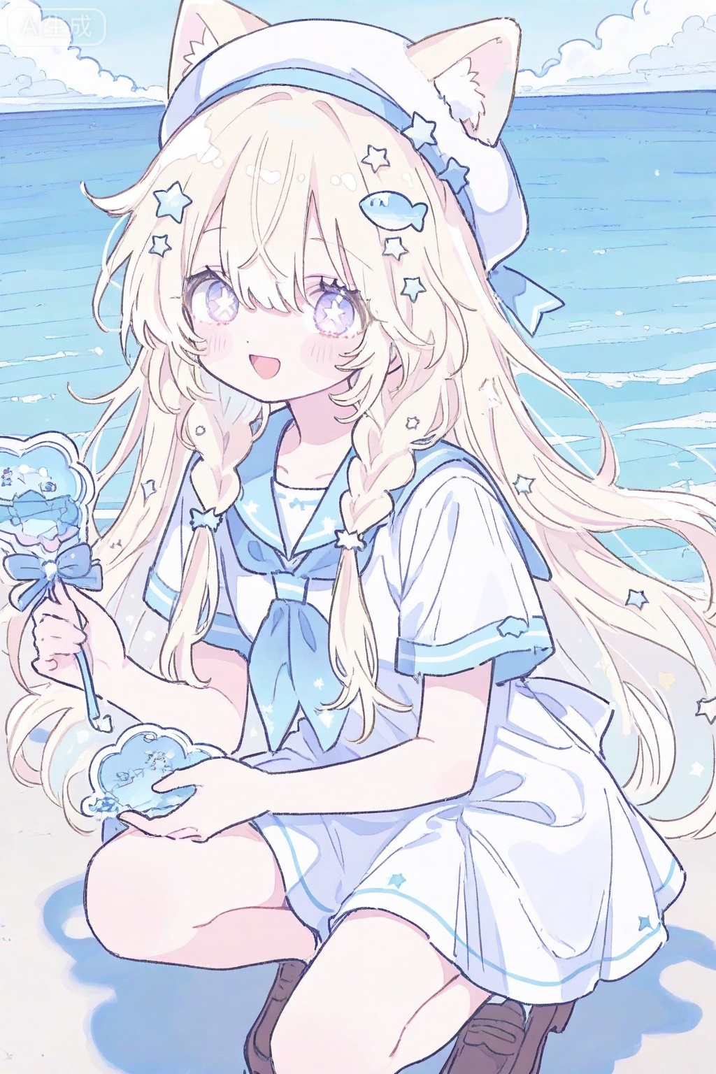1girl, :d, animal ear fluff, animal ears, blonde hair, blue neckerchief, blue sailor collar, blue sky, blush, braid, brown shoes, cat ears, cat girl, cloud, day, dress, fish hair ornament, hair between eyes, hair ornament, hat, holding, lifebuoy hair ornament, long hair, looking at viewer, mismatched pupils, neckerchief, ocean, open mouth, outdoors, pink eyes, sailor collar, sailor dress, shoes, short sleeves, sky, smile, solo, squatting, star-shaped pupils, star \(symbol\), star hair ornament, symbol-shaped pupils, twin braids, white dress, white hat