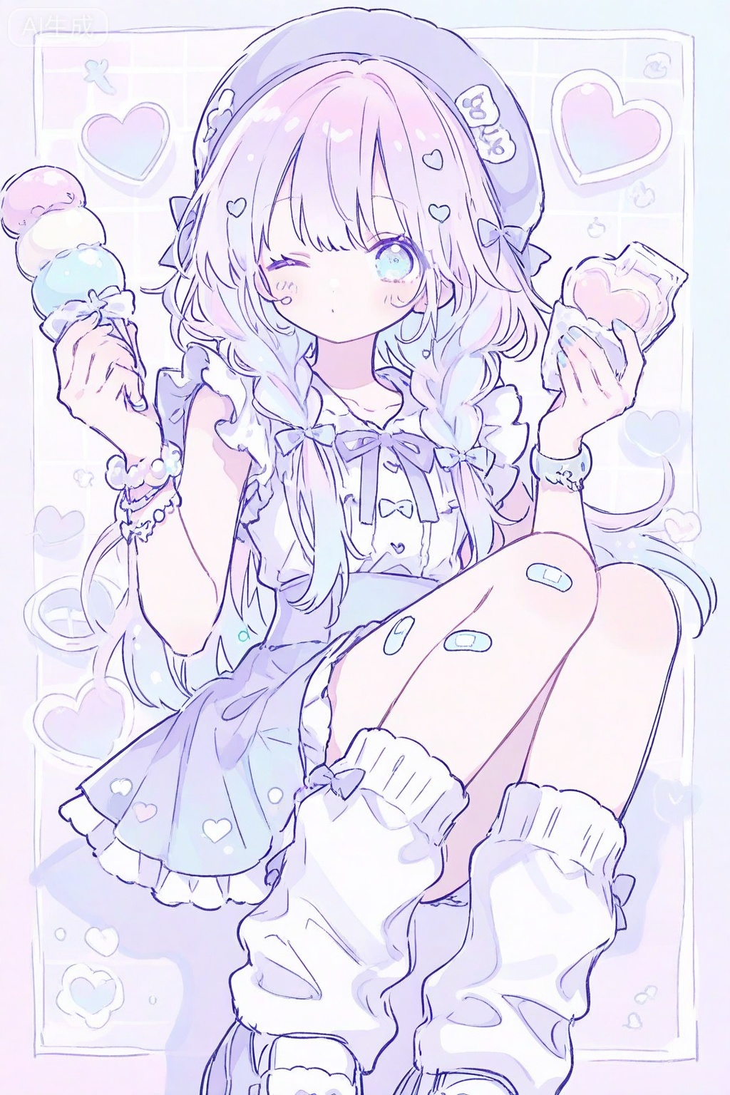 beat,best,1girl, solo, long hair, looking at viewer, blue eyes, skirt, hair ornament, hat, bow, holding, jewelry, blue hair, pink hair, purple hair, braid, flower, hair bow, heart, multicolored hair, frills, one eye closed, food, shoes, socks, nail polish, twin braids, bracelet, white socks, bandaid, pastel colors