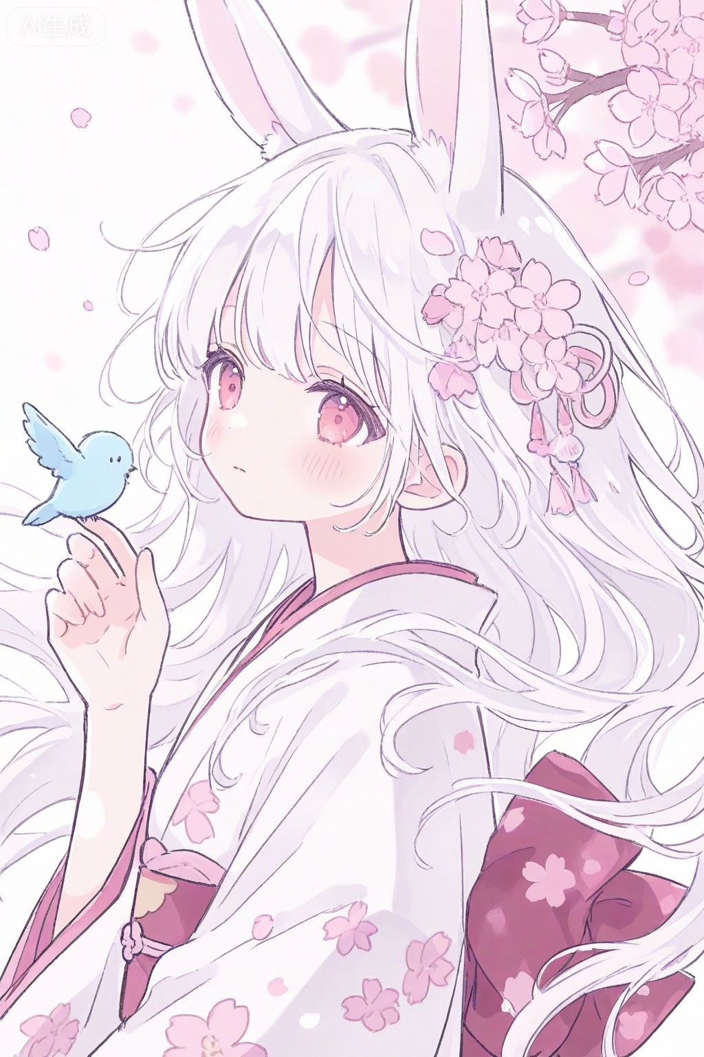 1girl, solo, long hair, looking at viewer, blush, bangs, hair ornament, red eyes, long sleeves, bow, animal ears, closed mouth, upper body, flower, white hair, japanese clothes, hand up, hair flower, wide sleeves, pink eyes, kimono, rabbit ears, from side, sash, floating hair, bird, obi, floral print, cherry blossoms, pink flower, white kimono, branch, print kimono
