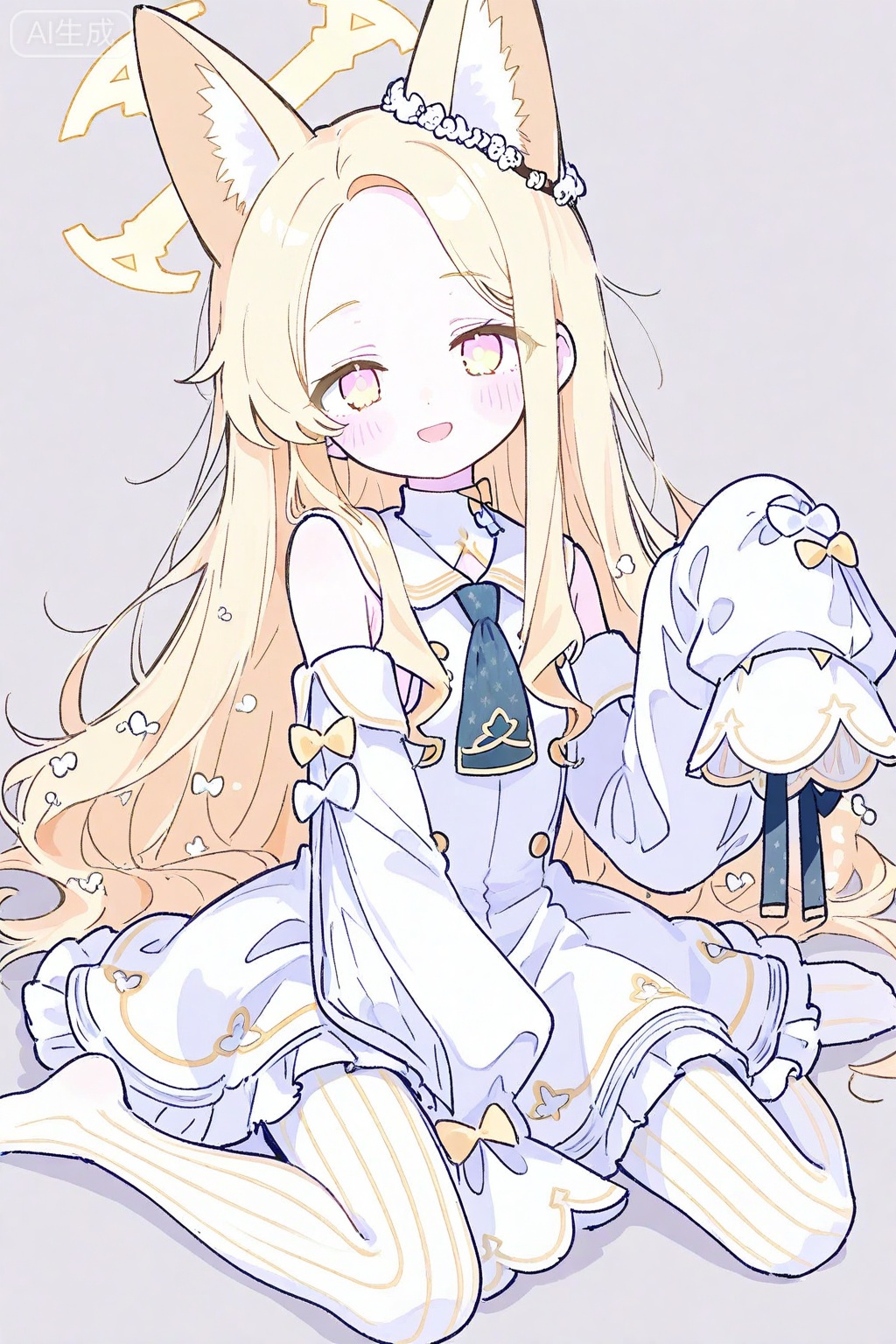 blue archive, seia \(blue archive\), 1girl, animal ear fluff, animal ears, blonde hair, blush, bow, cross halo, detached sleeves, dress, forehead, fox ears, fox girl, full body, halo, hand up, long hair, looking at viewer, messy hair, multicolored eyes, necktie, no shoes, open mouth, pantyhose, petticoat, pink eyes, simple background, single ear down, sitting, sleeveless, sleeveless dress, sleeves past fingers, sleeves past wrists, smile, solo, striped clothes, striped pantyhose, two-tone eyes, vertical-striped clothes, vertical-striped pantyhose, wariza, white background, white bow, white dress, white pantyhose, yellow bow, yellow eyes, yellow halo