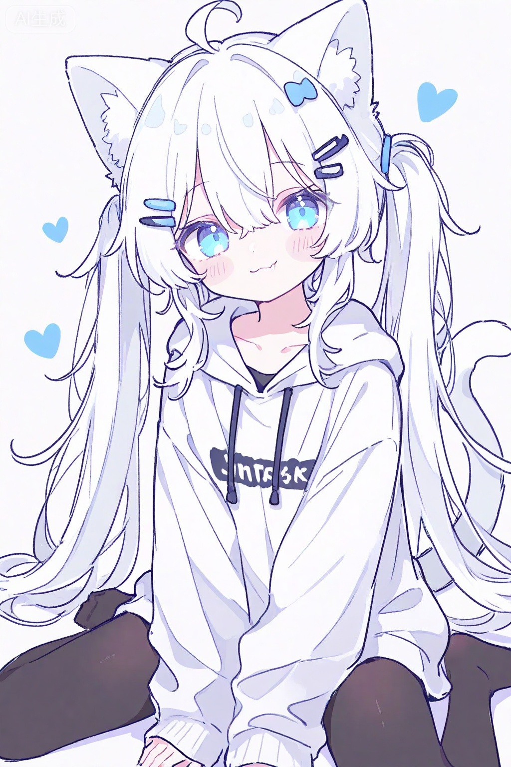 1girl, solo, long hair, looking at viewer, blush, smile, bangs, blue eyes, simple background, hair ornament, long sleeves, white background, animal ears, hair between eyes, twintails, sitting, closed mouth, collarbone, tail, ahoge, white hair, heart, pantyhose, hairclip, cat ears, hood, cat tail, animal ear fluff, sleeves past wrists, black pantyhose, hoodie, :3, wariza, no shoes, hood down, cat girl, clothes writing, between legs, hand between legs, drawstring, fang out, white hoodie
