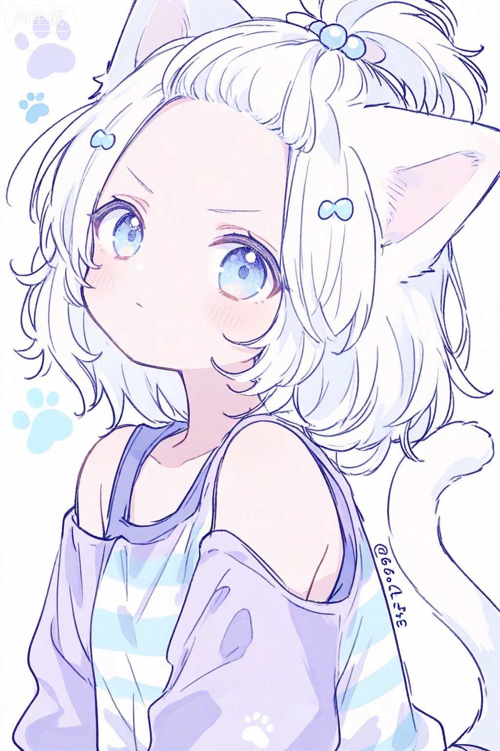 1girl, animal ears, bare shoulders, blue eyes, blue shirt, blush, cat ears, cat girl, cat tail, closed mouth, dated,, hair bobbles, hair ornament, paw print, purple shirt, shirt, simple background, solo, striped clothes, striped shirt, tail, topknot, twitter username, two-tone shirt, upper body, v-shaped eyebrows, white background, white hair,forehead
