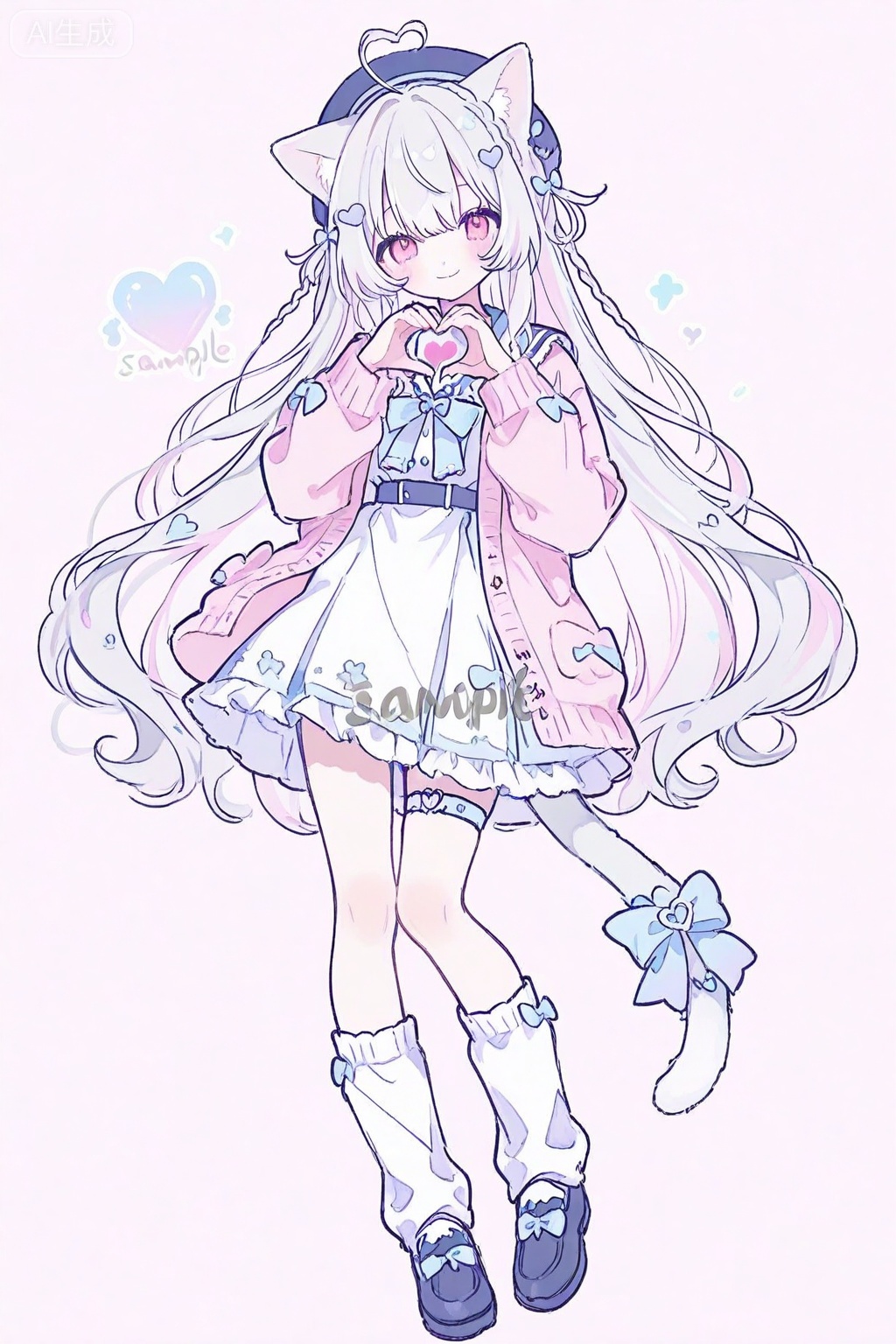 1girl, ahoge, animal ear fluff, animal ears, beret, blue bow, blush, bow, bowtie, braid, cardigan, cat ears, cat girl, cat tail, closed mouth, dress, frilled dress, frilled thigh strap, frills, full body, grey hair, hair ornament, hat, heart, heart ahoge, heart hair ornament, heart hands, jacket, long hair, long sleeves, looking at viewer, multicolored hair, open cardigan, open clothes, open jacket, pink bow, pink eyes, pink hair, pink jacket, sailor collar, sample watermark, shoes, simple background, smile, socks, solo, tail, tail bow, tail ornament, thigh strap, very long hair, virtual youtuber, watermark, white background, white dress, white hair, white socks