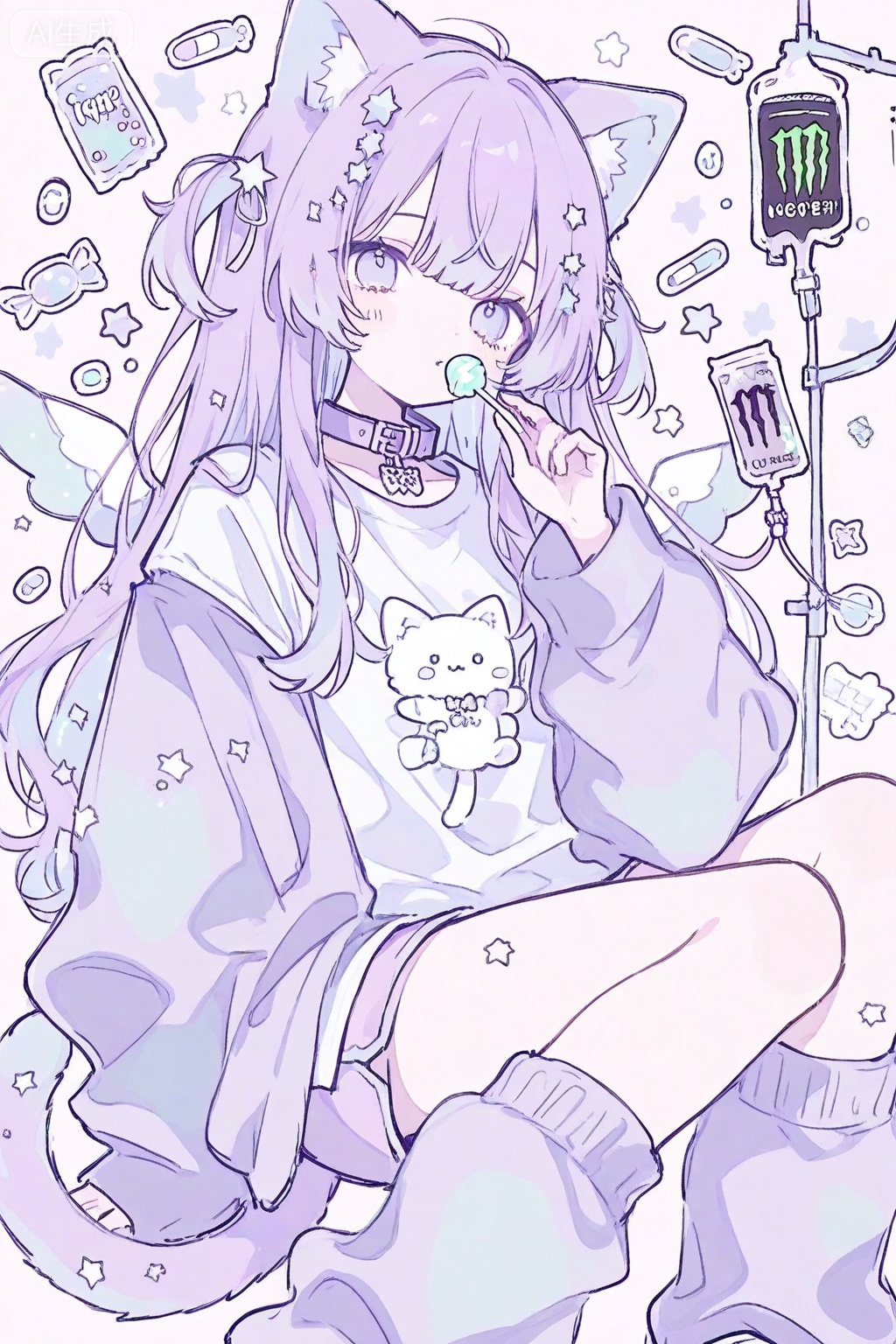 1girl, animal collar, animal ear fluff, animal ears, candy, cat ears, cat girl, cat tail, collar, food, hair ornament, holding, holding candy, holding food, holding lollipop, intravenous drip, jacket, lollipop, loose socks, monster energy, pill, pink shorts, purple eyes, purple hair, shirt, shorts, socks, solo, star \(symbol\), star hair ornament, stuffed animal, stuffed toy, syringe, t-shirt, tail, virtual youtuber, white shirt, wings, yume kawaii