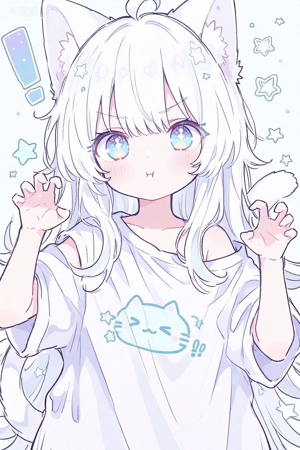loli, 1girl, solo, long hair, looking at viewer, blush, bangs, blue eyes, simple background, shirt, animal ears, very long hair, closed mouth, tail, white shirt, ahoge, white hair, short sleeves, cat ears, off shoulder, star \(symbol\), v-shaped eyebrows, cat tail, animal ear fluff, hands up, blue background, cat girl, !, :t, pout, claw pose, !!, oversized shirt