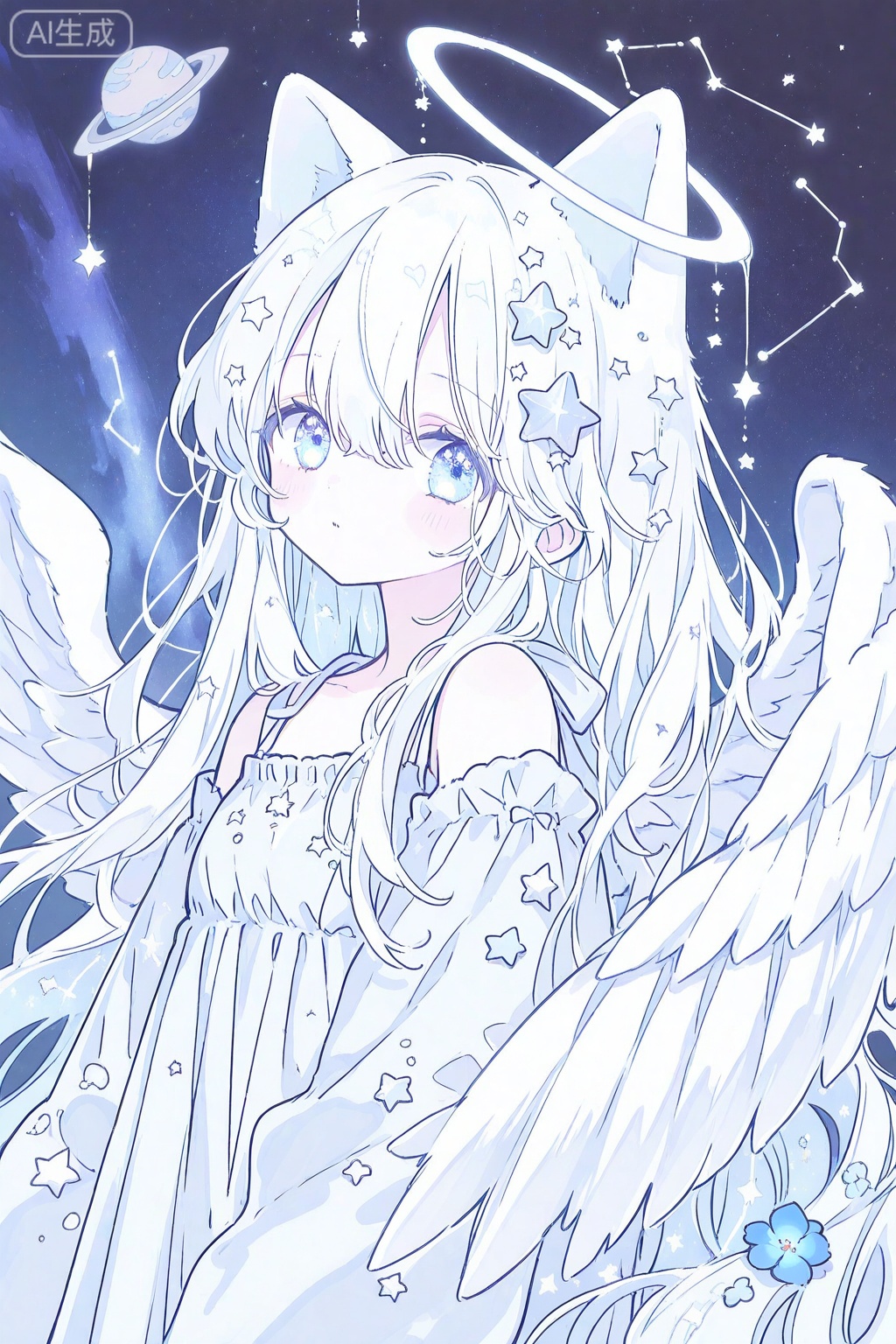 1girl, ((cat ears)) angel, angel_wings, blue_eyes, blue_flower, constellation, crescent, cross, dress, feathered_wings, flower, hair_between_eyes, hair_ornament, halo, long_hair, looking_at_viewer, planet, solo, star_\(sky\), star_\(symbol\), star_hair_ornament, star_print, starfish, starry_background, starry_sky, very_long_hair, white_feathers, white_hair, white_wings, wings 

