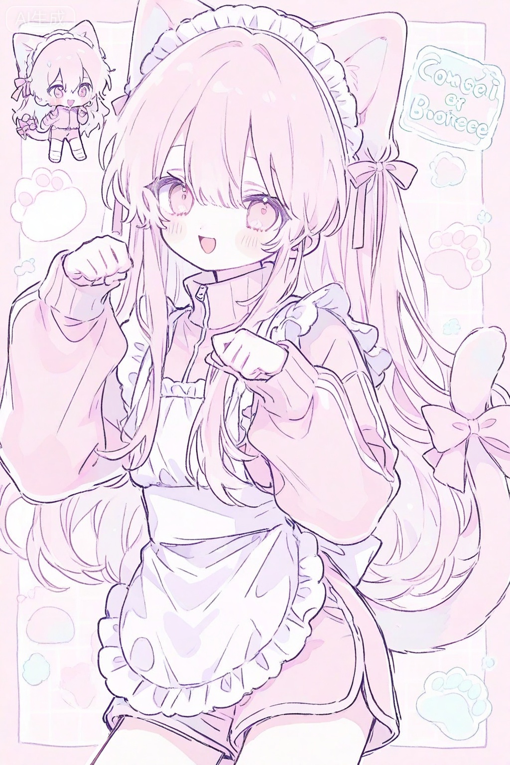 1other, androgynous, animal ears, apron, blush, bow, cat ears, cat girl, cat tail, chibi, cowboy shot, english text, frilled apron, frills, jacket, kemonomimi mode, long hair, long sleeves, maid, maid apron, maid headdress, open mouth, other focus, pastel colors, paw pose, pink bow, pink eyes, pink hair, pink jacket, pink shorts, pink theme, shorts, sidelocks, smile, tail, tail bow, tail ornament, track jacket, turtleneck, turtleneck jacket, unconventional maid, white apron