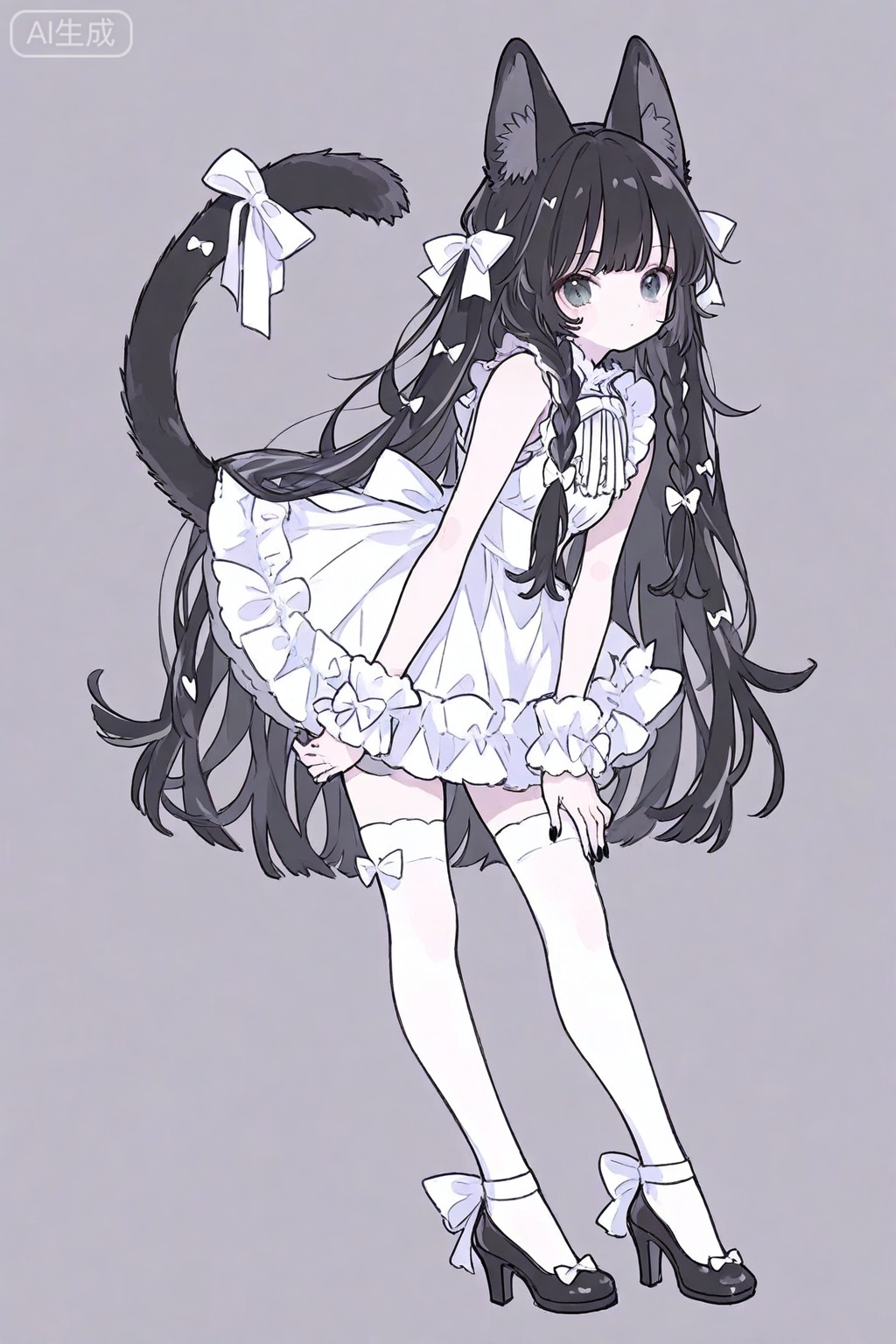 1girl, animal ear fluff, animal ears, black hair, black nails, blunt bangs, bow, braid, cat ears, cat girl, cat tail, dress, frilled dress, frills, full body, hair bow, high heels, leaning forward, long hair, looking at viewer, simple background, sleeveless, sleeveless dress, solo, standing, tail, tail bow, tail ornament, thighhighs, twin braids, white background, white bow, white dress, white thighhighs