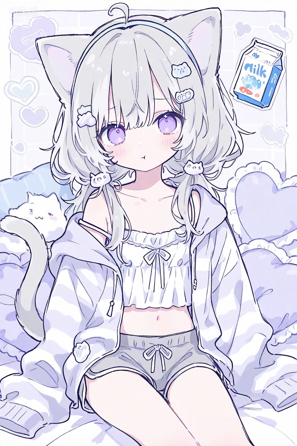 1girl, :t, ahoge, animal ears, blush, camisole, cat ears, cat girl, cat tail, closed mouth, dolphin shorts, food, frilled pillow, frills, grey hair, grey shorts, hair ornament, hairband, hairclip, heart, heart-shaped pillow, hood, hood down, hoodie, jacket, long sleeves, looking at viewer, low twintails, milk carton, navel, open clothes, open hoodie, open jacket, partially unzipped, paw hair ornament, pillow, purple eyes, ribbon, short shorts, shorts, sitting, sleeves past fingers, sleeves past wrists, spaghetti strap, strap slip, striped clothes, striped jacket, tail, twintails, white camisole