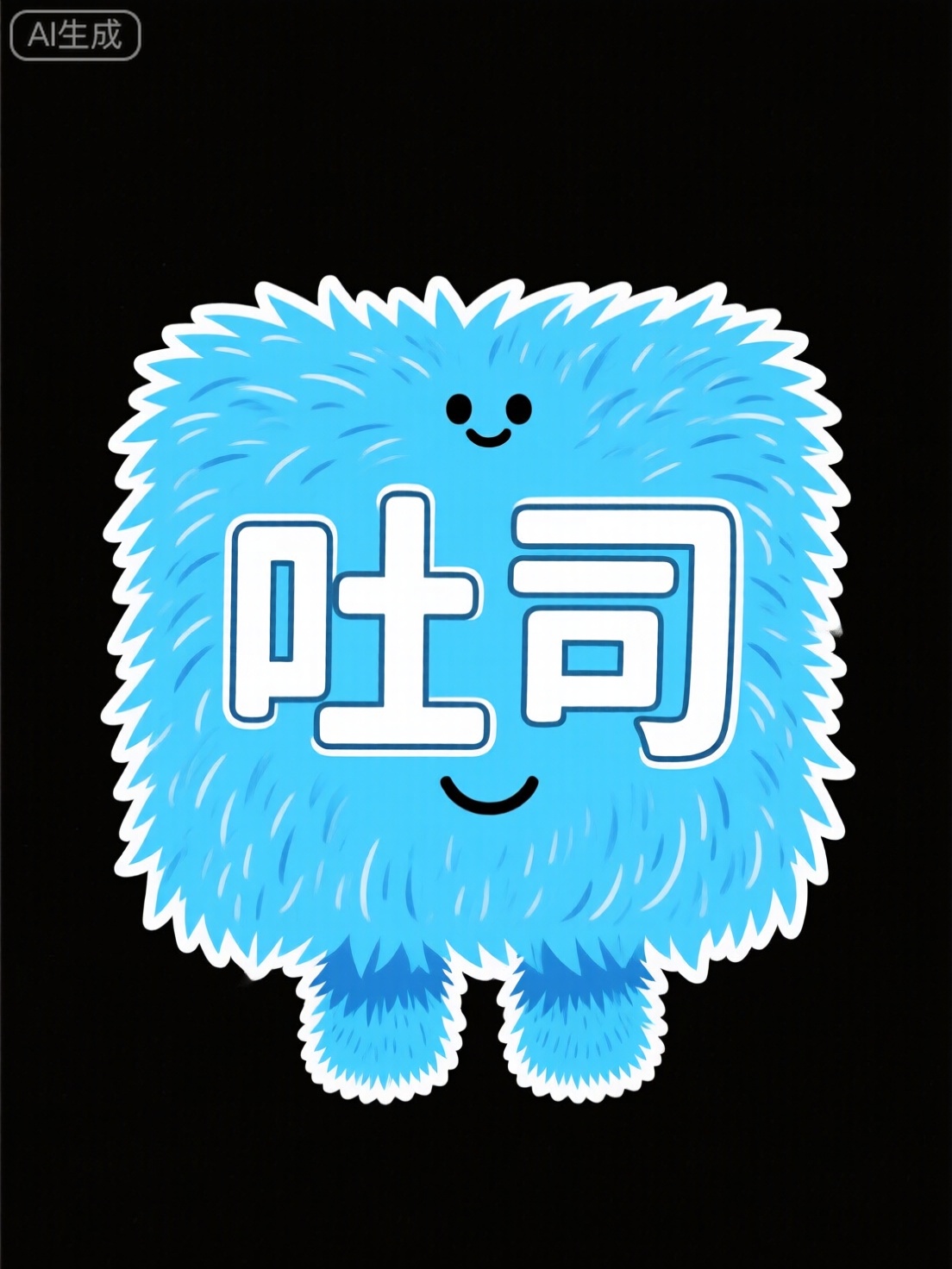 线条文字“吐司”,背景是一个蓝色方形毛茸茸的吉祥物