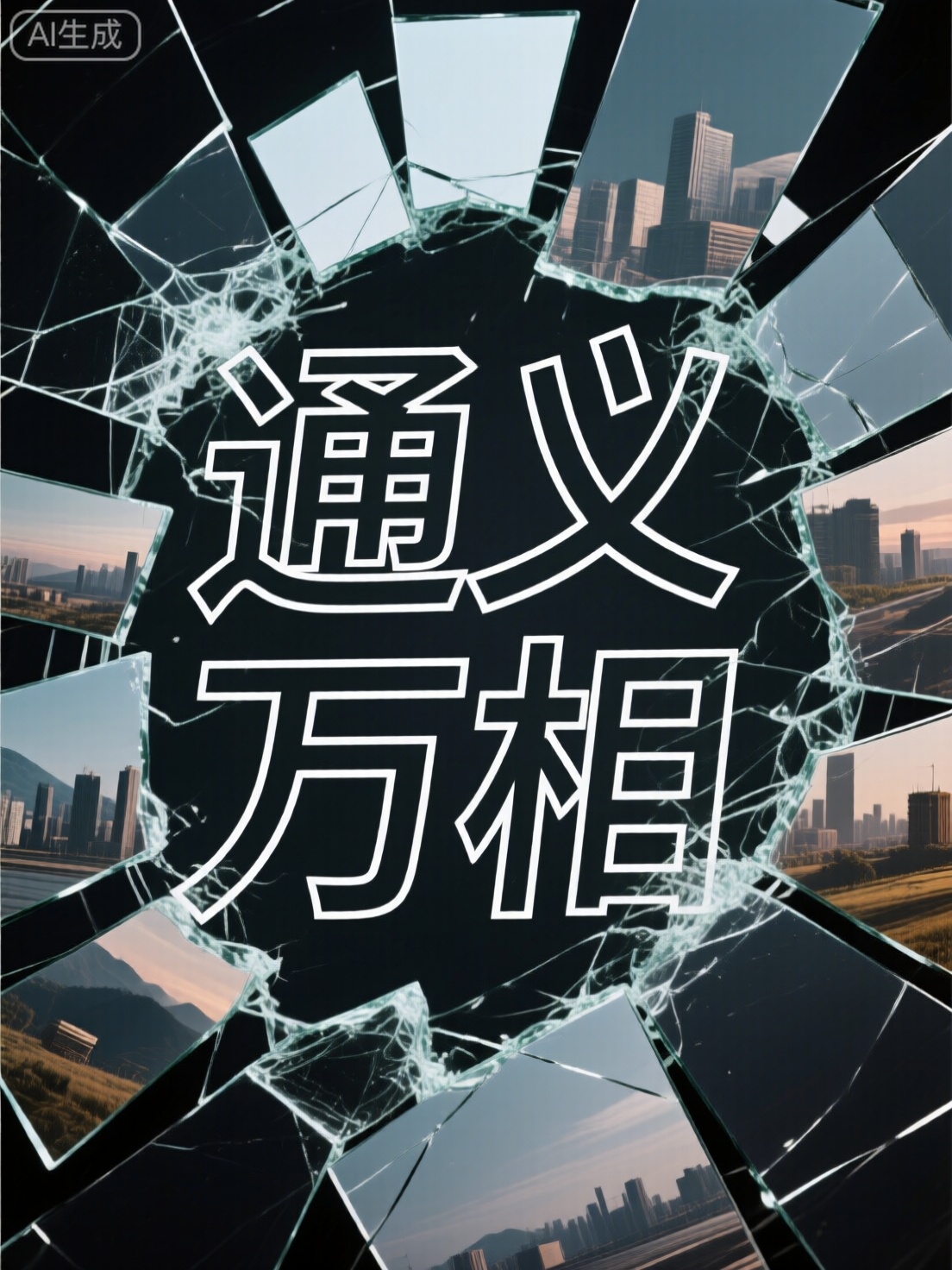 斜着线条空心文字“通义万相”,第一行是通义,第二行是万相,背景是破碎的镜片,镜片不规则分布,每块镜片上是不同的场景,镜片分布全图,部分镜片被文字覆盖
