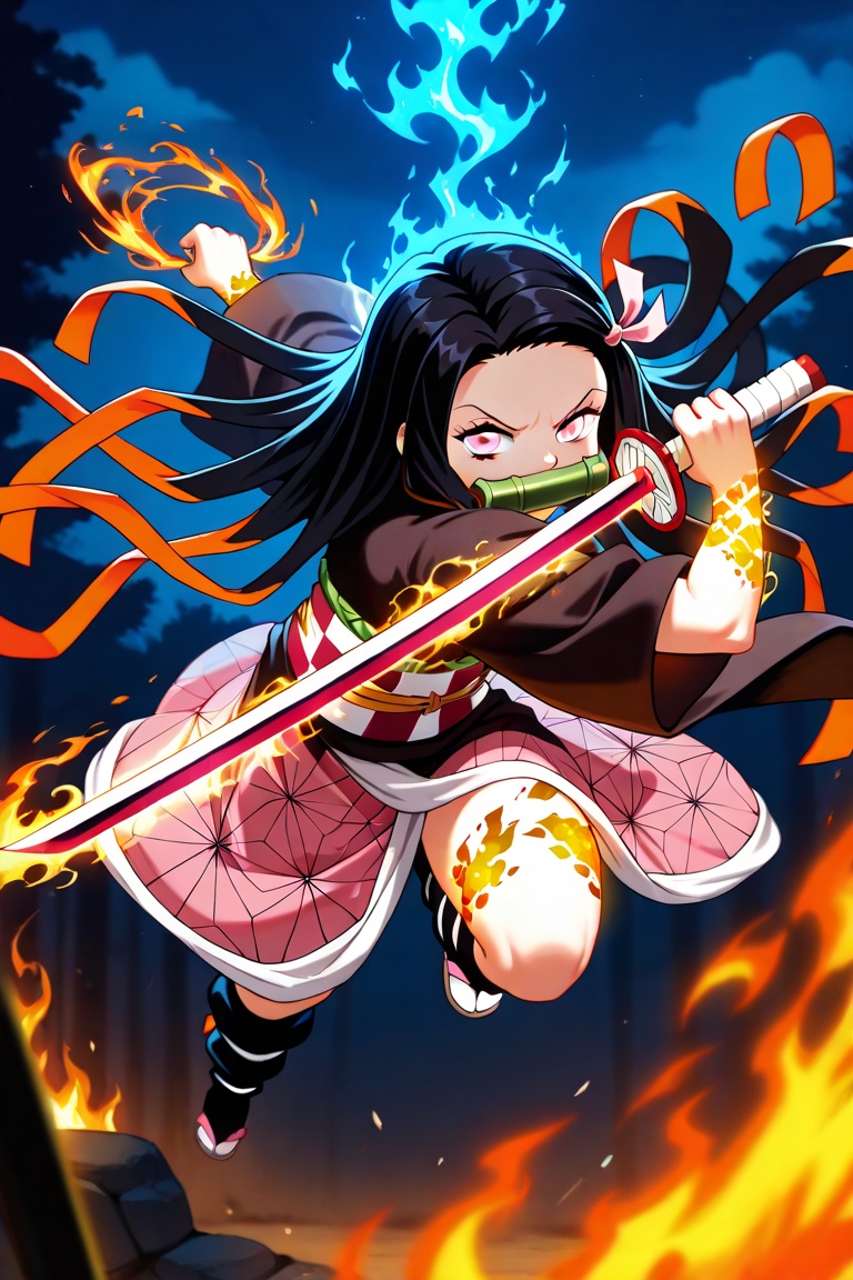 kamado nezuko from demon slayer,  kamado nezuko costume,  floating on Tensor.Art