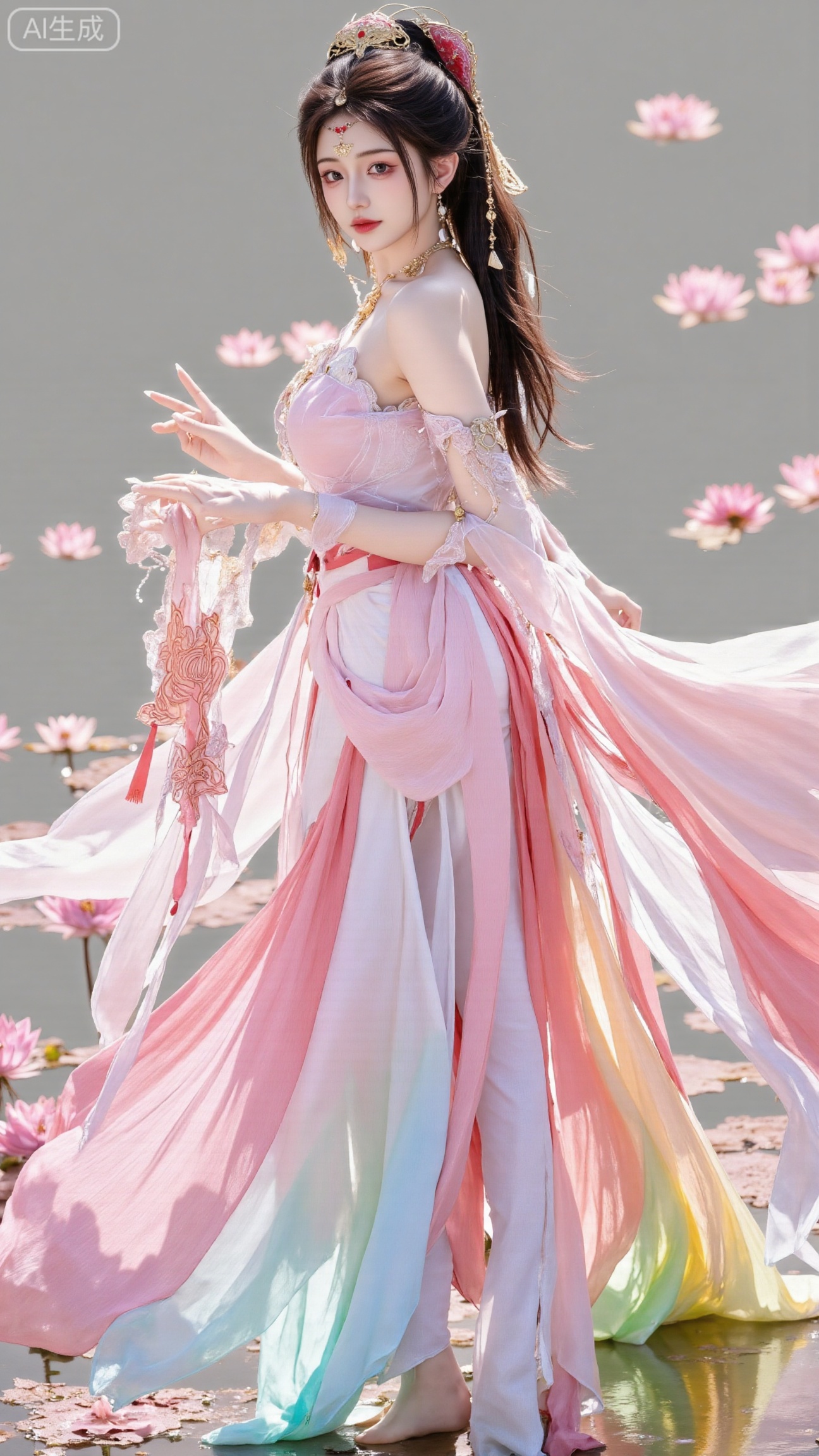 (masterpiece, best quality:1.2),1girl, navel, solo, midriff, bare shoulders, hair ornament,(long hair),(High double ponytail:1.19), red lips, BREAK, (looking at viewer:1.39), chinese clothes,(Holographic Color long dress:1.36), (lace,Rainbow Gradient Color:1.28), BREAK,blurry, solo focus, long hair, lips, daytime, lipstick, outdoors, standing,upper body,(huge breasts:2.89), background, solo, makeup,(Stockings, high heels:1.29),(huge breasts:2.99),(full breasts:2.99),,(Background with lotus pond and pink lotus flowers:1.39),XbaifengsongyuYH,Xbigbreasts,XmengkeerXHY,XliuyuH,Xyuanyaohongyi,Xyuanyaoxizao,Xyuanyaomuyu,Xyuanyaohongqun,Xqixiucosplay,XyechangongXF