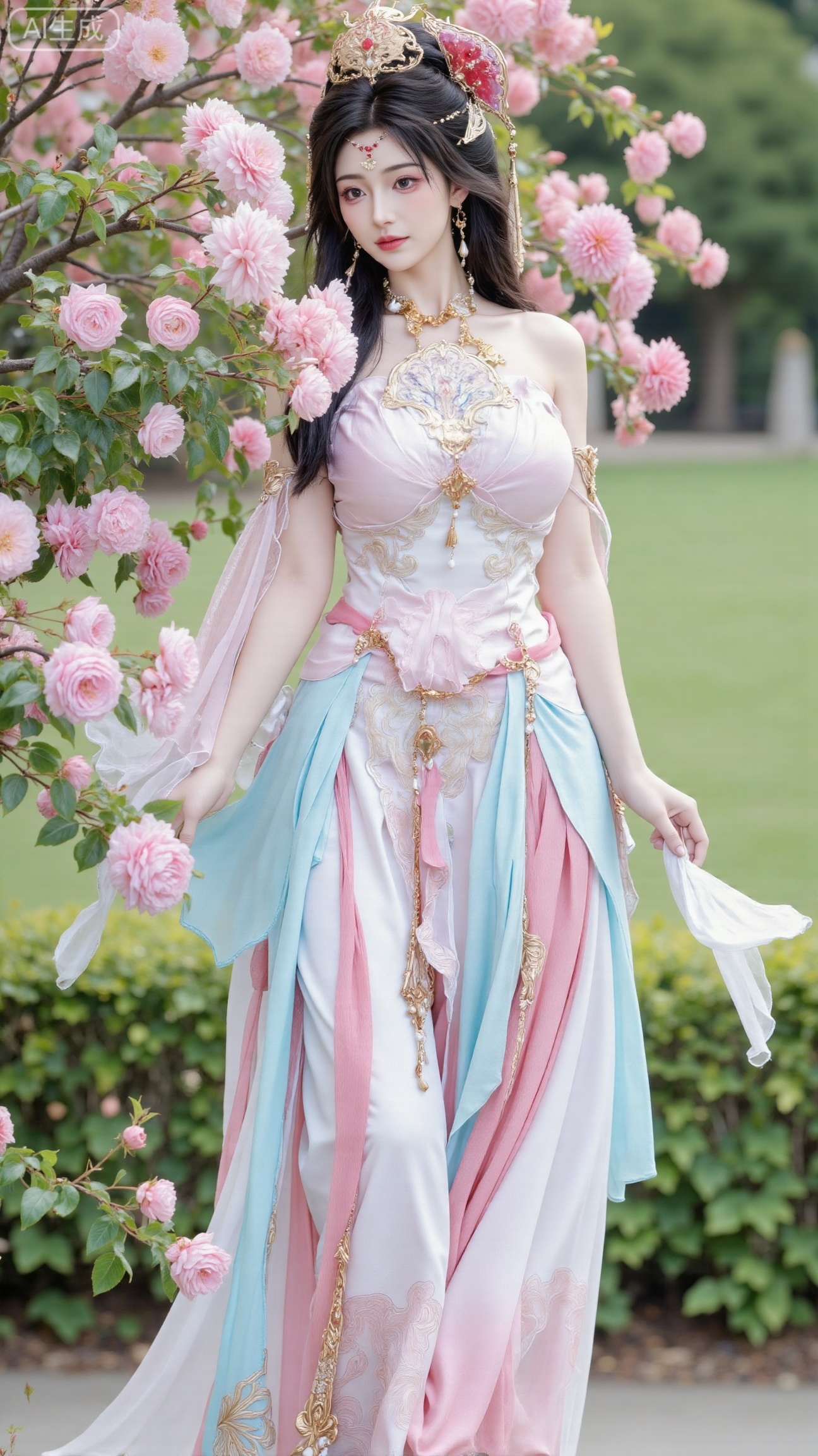 (masterpiece:1.2),best quality,,A woman adorned in traditional Chinese attire,( dress,black long hair),featuring a flowing robe with intricate embroidery and floral accents. A garden filled with pink roses and lush greenery. Soft pastel hues of white,blue,and green,creating a serene atmosphere. Photorealistic photography.,(huge breasts:2.99),(full breasts:2.99),XbaifengsongyuYH,Xbigbreasts,XmengkeerXHY,XliuyuH,Xyuanyaohongyi,Xyuanyaoxizao,Xyuanyaomuyu,Xyuanyaohongqun,Xqixiucosplay,XyechangongXF