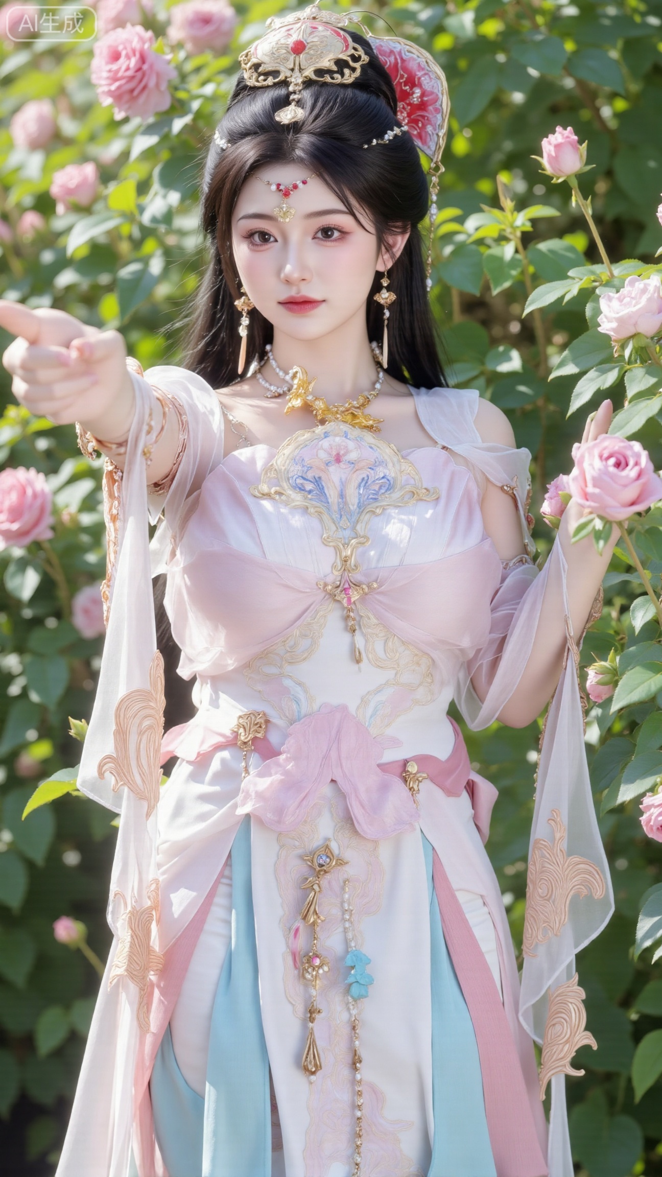 (masterpiece:1.2),best quality,,A woman adorned in traditional Chinese attire,( dress,black long hair),featuring a flowing robe with intricate embroidery and floral accents. A garden filled with pink roses and lush greenery. Soft pastel hues of white,blue,and green,creating a serene atmosphere. Photorealistic photography.,(huge breasts:2.99),(full breasts:2.99),XbaifengsongyuYH,Xbigbreasts,XmengkeerXHY,XliuyuH,Xyuanyaohongyi,Xyuanyaoxizao,Xyuanyaomuyu,Xyuanyaohongqun,Xqixiucosplay,XyechangongXF