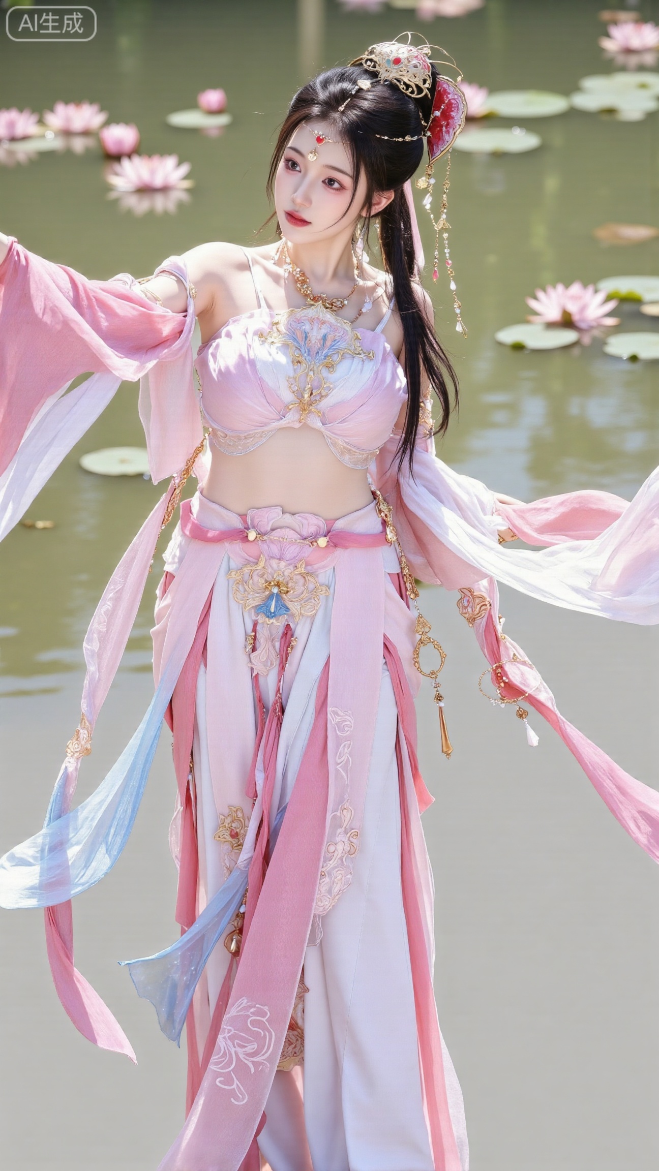 (masterpiece, best quality:1.2),1girl, navel, solo, midriff, bare shoulders, hair ornament,(long hair),(High double ponytail:1.19), red lips, BREAK, (looking at viewer:1.39), chinese clothes,(Holographic Color long dress:1.36), (lace,Rainbow Gradient Color:1.28), BREAK,blurry, solo focus, long hair, lips, daytime, lipstick, outdoors, standing,upper body,(huge breasts:2.89), background, solo, makeup,(Stockings, high heels:1.29),(huge breasts:2.99),(full breasts:2.99),,(Background with lotus pond and pink lotus flowers:1.39),XbaifengsongyuYH,Xbigbreasts,XmengkeerXHY,XliuyuH,Xyuanyaohongyi,Xyuanyaoxizao,Xyuanyaomuyu,Xyuanyaohongqun,Xqixiucosplay,XyechangongXF