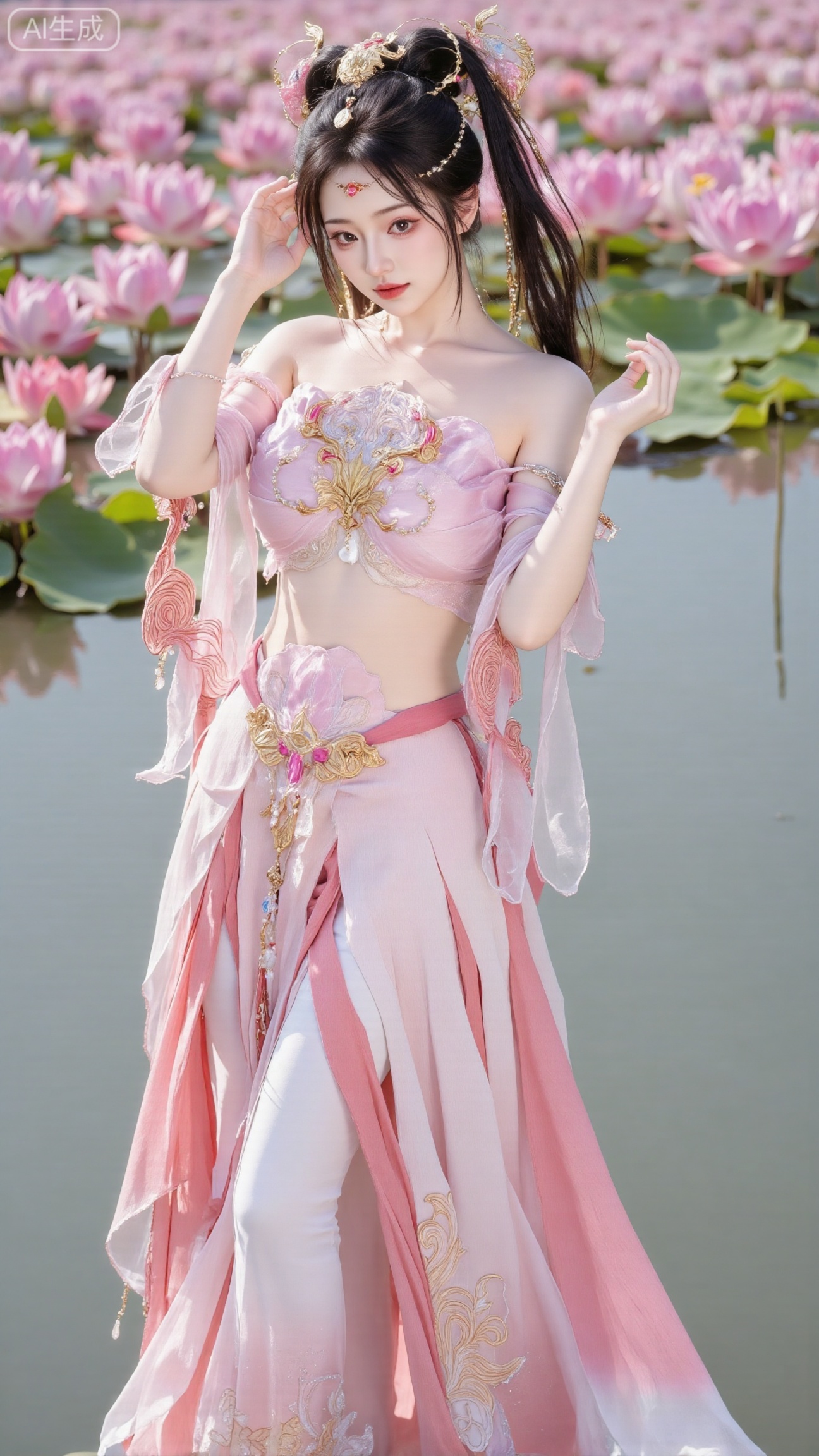 (masterpiece, best quality:1.2),1girl, navel, solo, midriff, bare shoulders, hair ornament,(long hair),(High double ponytail:1.19), red lips, BREAK, (looking at viewer:1.39), chinese clothes,(Holographic Color long dress:1.36), (lace,Rainbow Gradient Color:1.28), BREAK,blurry, solo focus, long hair, lips, daytime, lipstick, outdoors, standing,upper body,(huge breasts:2.89), background, solo, makeup,(Stockings, high heels:1.29),(huge breasts:2.99),(full breasts:2.99),,(Background with lotus pond and pink lotus flowers:1.39),XbaifengsongyuYH,Xbigbreasts,XmengkeerXHY,XliuyuH,Xyuanyaohongyi,Xyuanyaoxizao,Xyuanyaomuyu,Xyuanyaohongqun,Xqixiucosplay,XyechangongXF