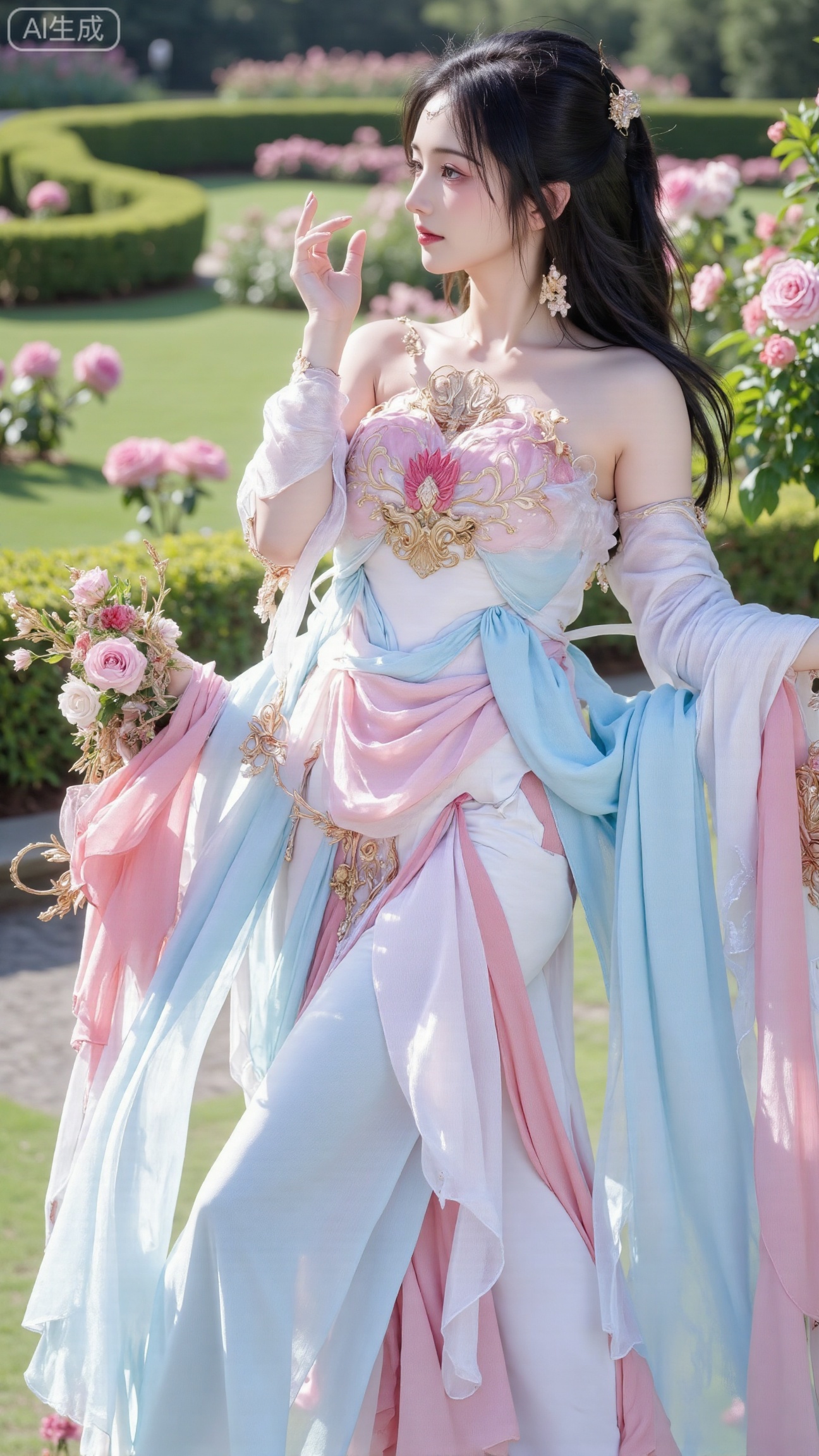 (masterpiece:1.2),best quality,,A woman adorned in traditional Chinese attire,( dress,black long hair),featuring a flowing robe with intricate embroidery and floral accents. A garden filled with pink roses and lush greenery. Soft pastel hues of white,blue,and green,creating a serene atmosphere. Photorealistic photography.,(huge breasts:2.99),(full breasts:2.99),XbaifengsongyuYH,Xbigbreasts,XmengkeerXHY,XliuyuH,Xyuanyaohongyi,Xyuanyaoxizao,Xyuanyaomuyu,Xyuanyaohongqun,Xqixiucosplay,XyechangongXF
