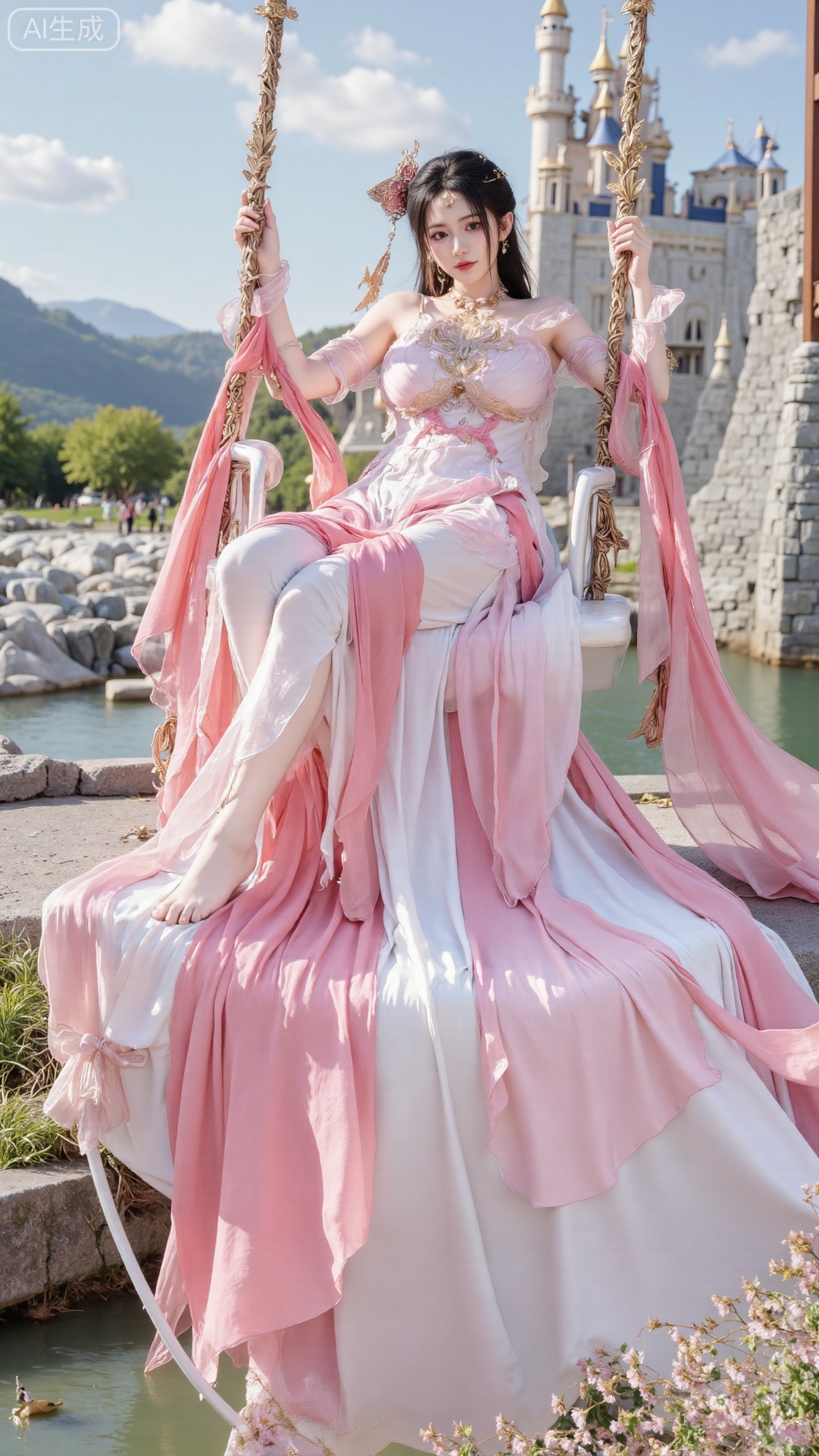  (masterpiece, top quality, best quality, official art, beautiful and aesthetic:1.2),Dynamic posture,(Sitting on the swing:1.39),natural skin texture,(Milky skin:1.2),1gir,solo,Dress, (Long legs, perfect proportions:1.2),(Sakura, butterfly:1.29),(huge breasts:2.99),(full breasts:2.99),castle, waterfall, mountains in the distance,XbaifengsongyuYH,Xbigbreasts,XmengkeerXHY,XliuyuH,Xyuanyaohongyi,Xyuanyaoxizao,Xyuanyaomuyu,Xyuanyaohongqun,Xqixiucosplay,XyechangongXF